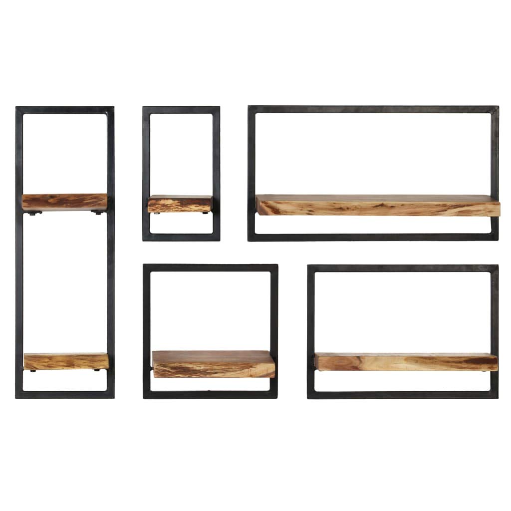 Festnight Set of 5 Floating Wall Shelves - Powder Coated Steel Frame with Solid Acacia Wood - Wall Mounted Display Shelf for Books, DVDs & Collectibles - Perfect for Living Room, Bedroom & Home Office Decor - Space Saving Storage Solution for Small Spaces