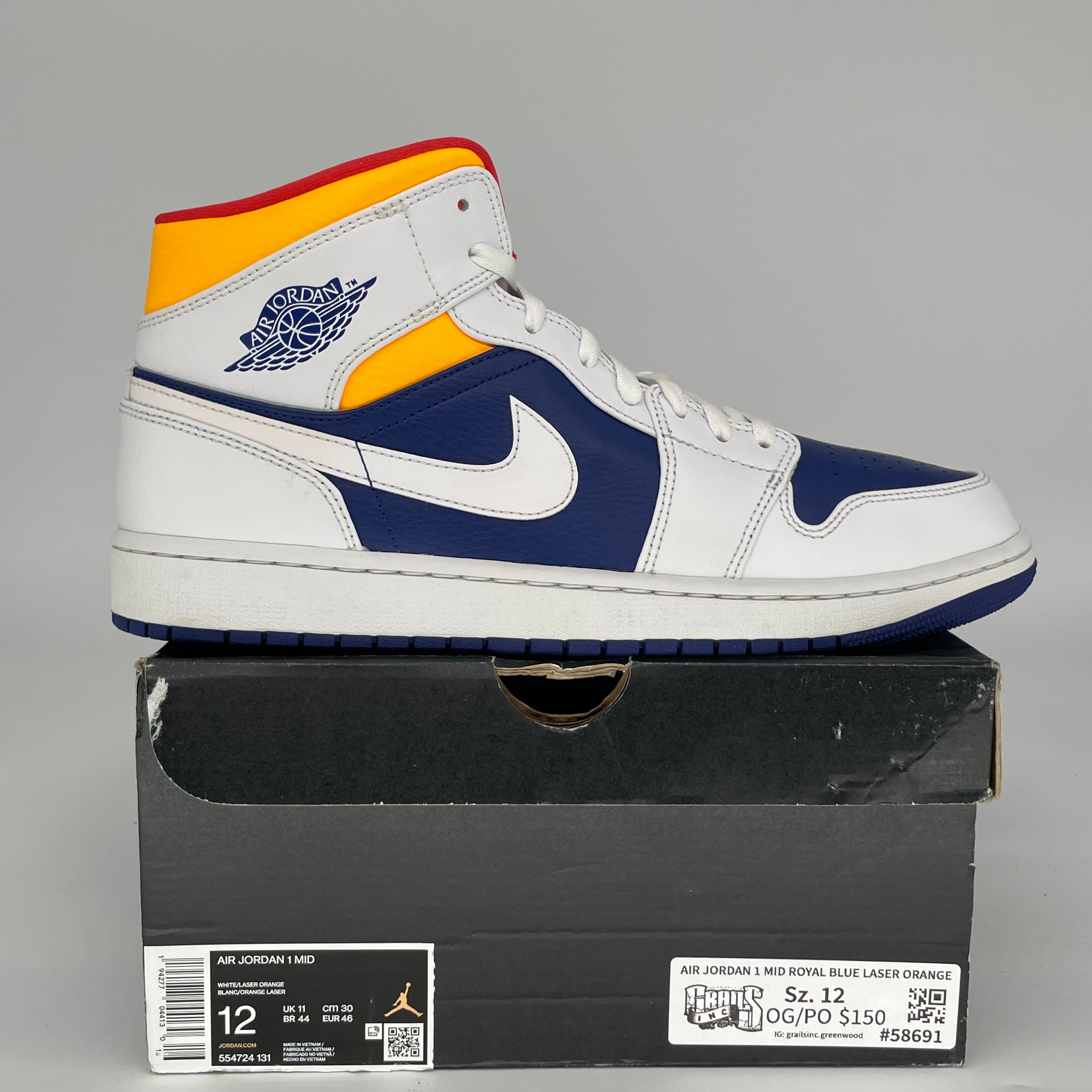 AIR JORDAN 1 MID ROYAL BLUE LASER ORANGE MEN'S BASKETBALL SHOES SIZE 12 (554724-131) - Perfect for Streetwear, Sneaker Collecting & Casual Fashion