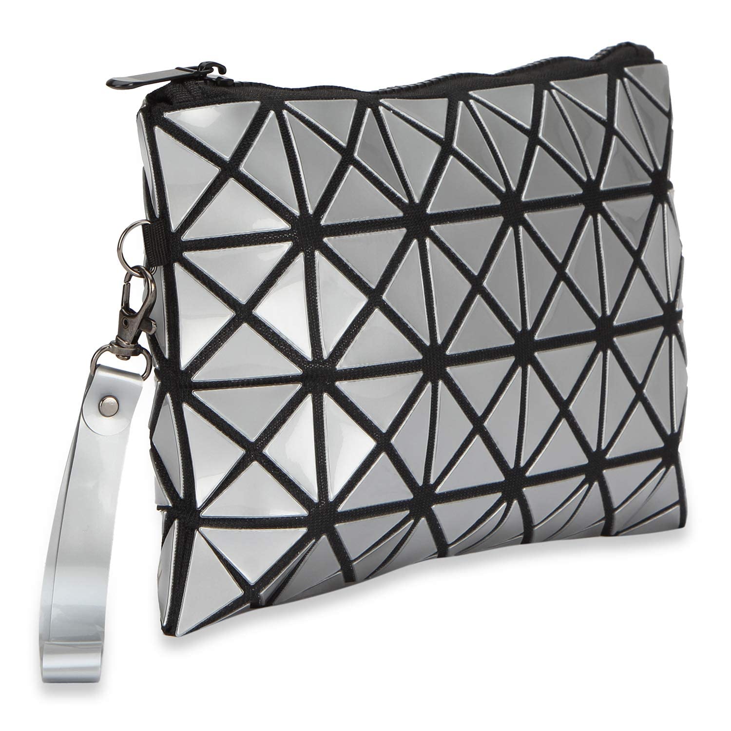 Vibgyor Geometric Design Makeup Pouch for Women - Stylish Travel Cosmetic Bag Organizer for Makeup Accessories & Vanity Essentials - Perfect for Girls' Travel, Daily Use & Gift (Silver)