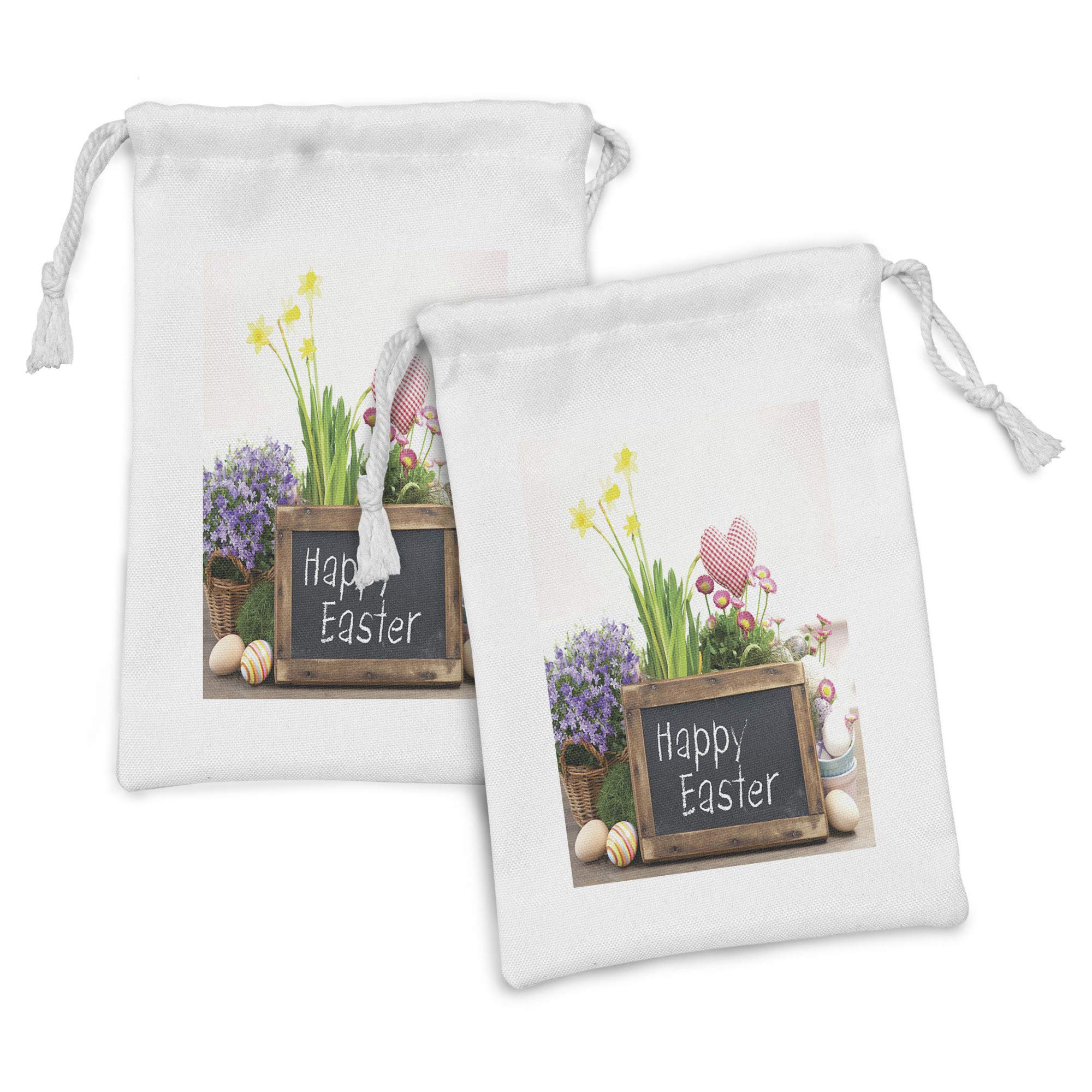 Ambesonne Easter Fabric Pouch Set of 2 - Floral Egg Design Drawstring Bags for Holiday Gifts & Party Favors (9