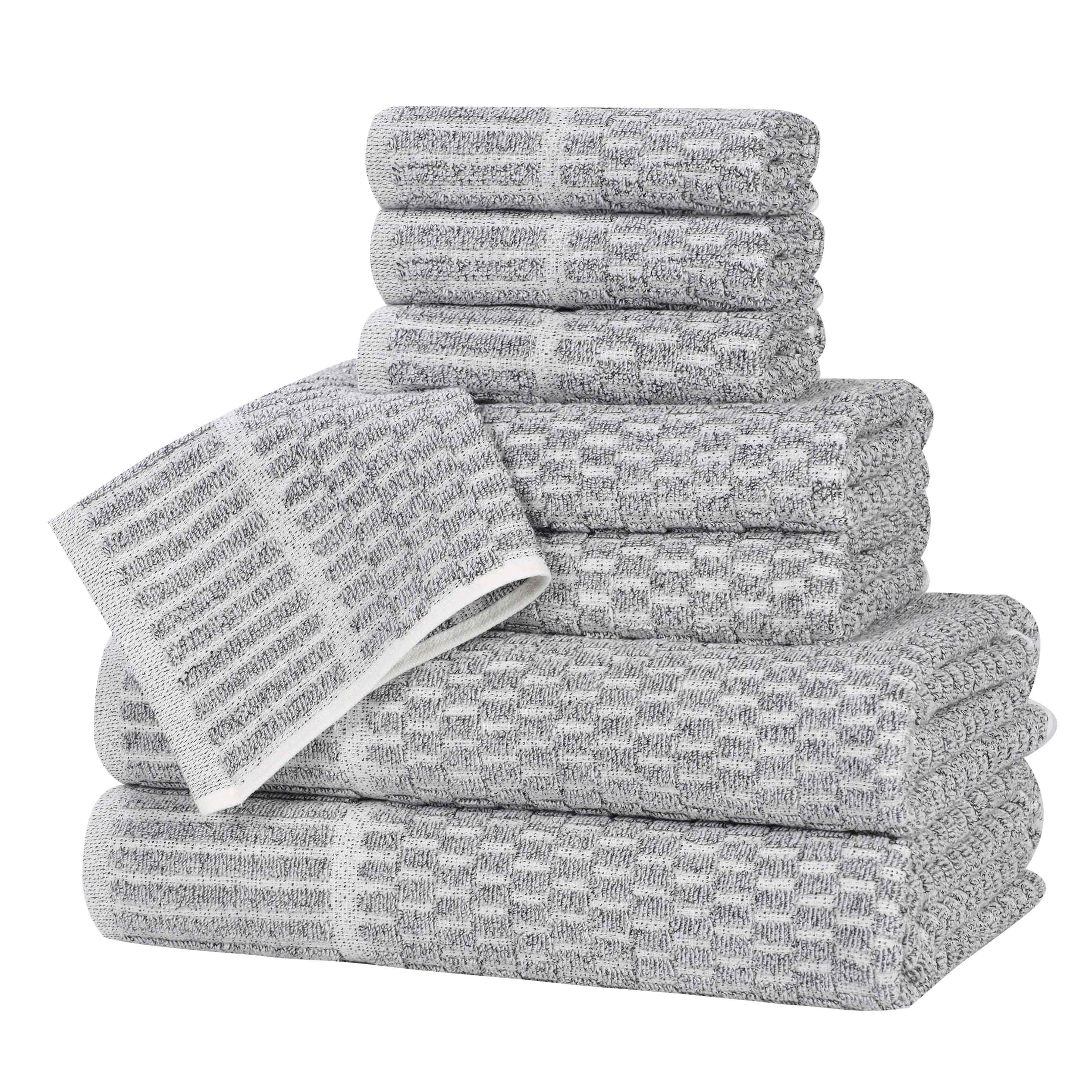 Premium 8-Piece Cotton Blend Checkered Border Towel Set - Medium Weight, Soft & Absorbent for Bathroom, Kitchen & Guest Use