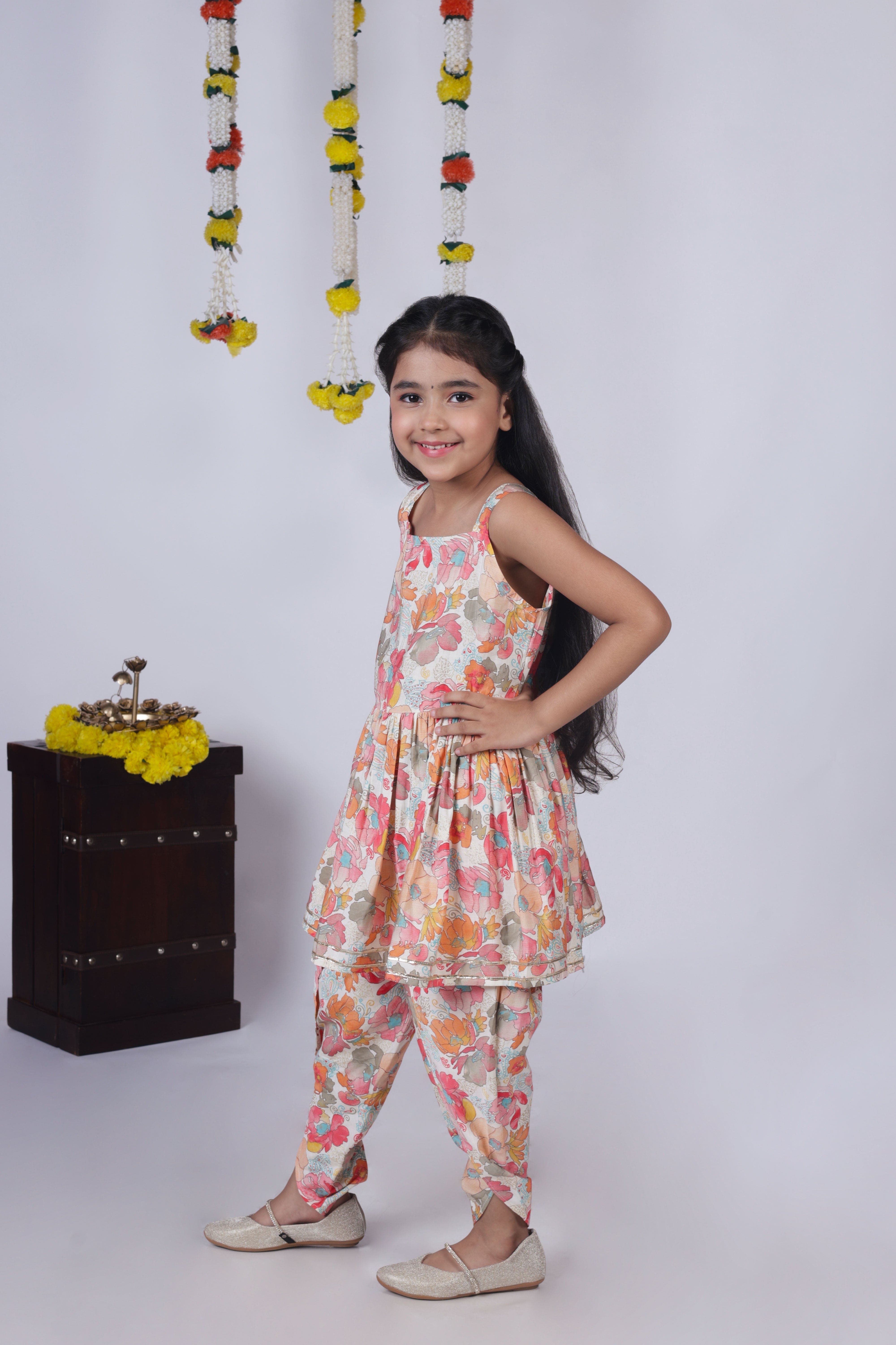 Chanderi Silk Sleeveless Floral Printed Kurti with Dhoti - Multicolor Indian Ethnic Outfit for Women | Perfect for Festivals, Weddings & Cultural Events