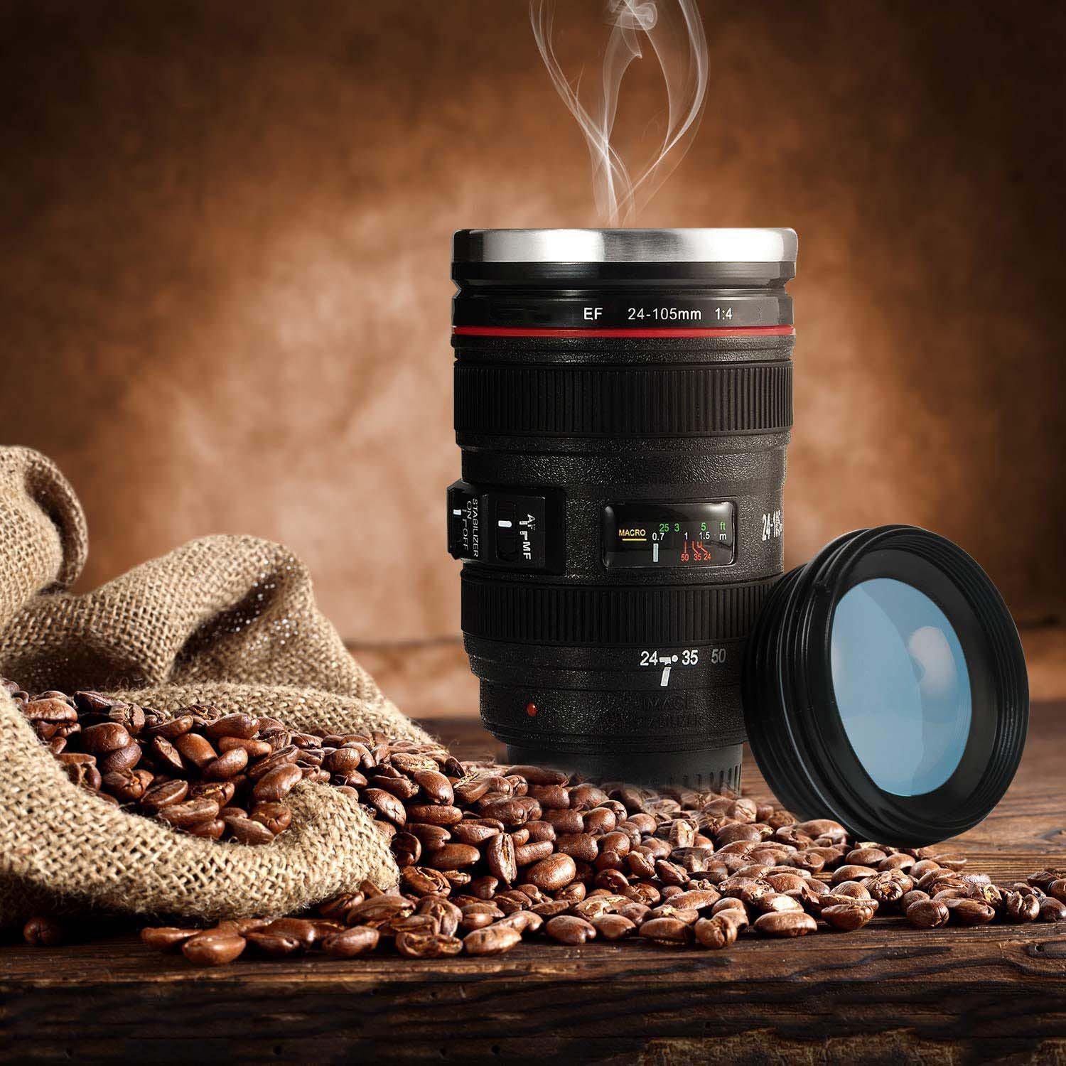 Stainless Steel Travel Coffee Mug with Camera Lens Design - BPA Free Insulated Tumbler for Car, Office & Photography Enthusiasts - Perfect for Commuting, Work & Outdoor Adventures