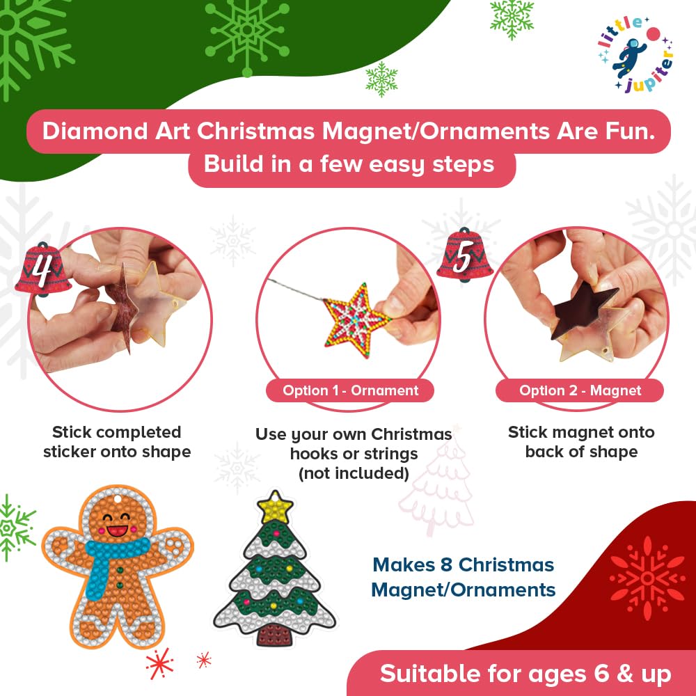 DIY Magnet & Diamond Diamond Painting Christmas Ornaments Kit for Kids - Make 8 Unique Holiday Decorations - Fun Arts & Crafts Activity for Children - Perfect for Holiday Gifts, Classroom Projects & Family Bonding Time