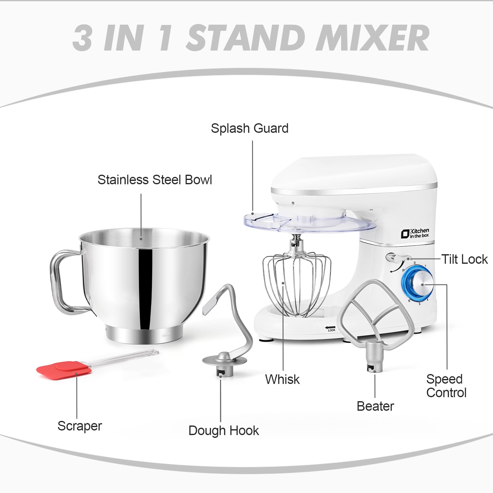 6.5QT 660W Stand Mixer - 6-Speed Tilt-Head Electric Kitchen Mixer with Dough Hook, Wire Whip & Beater - Dishwasher Safe (White) - Perfect for Baking Cakes, Cookies, Bread & More