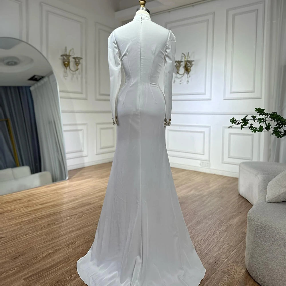 Luxury Dubai Arabic White Beaded Satin Saudi Mermaid Evening Dress Gown for Women - Formal Occasion Wedding Party Prom LA72815 | Elegant Long Sleeve Bridal Gown for Special Events