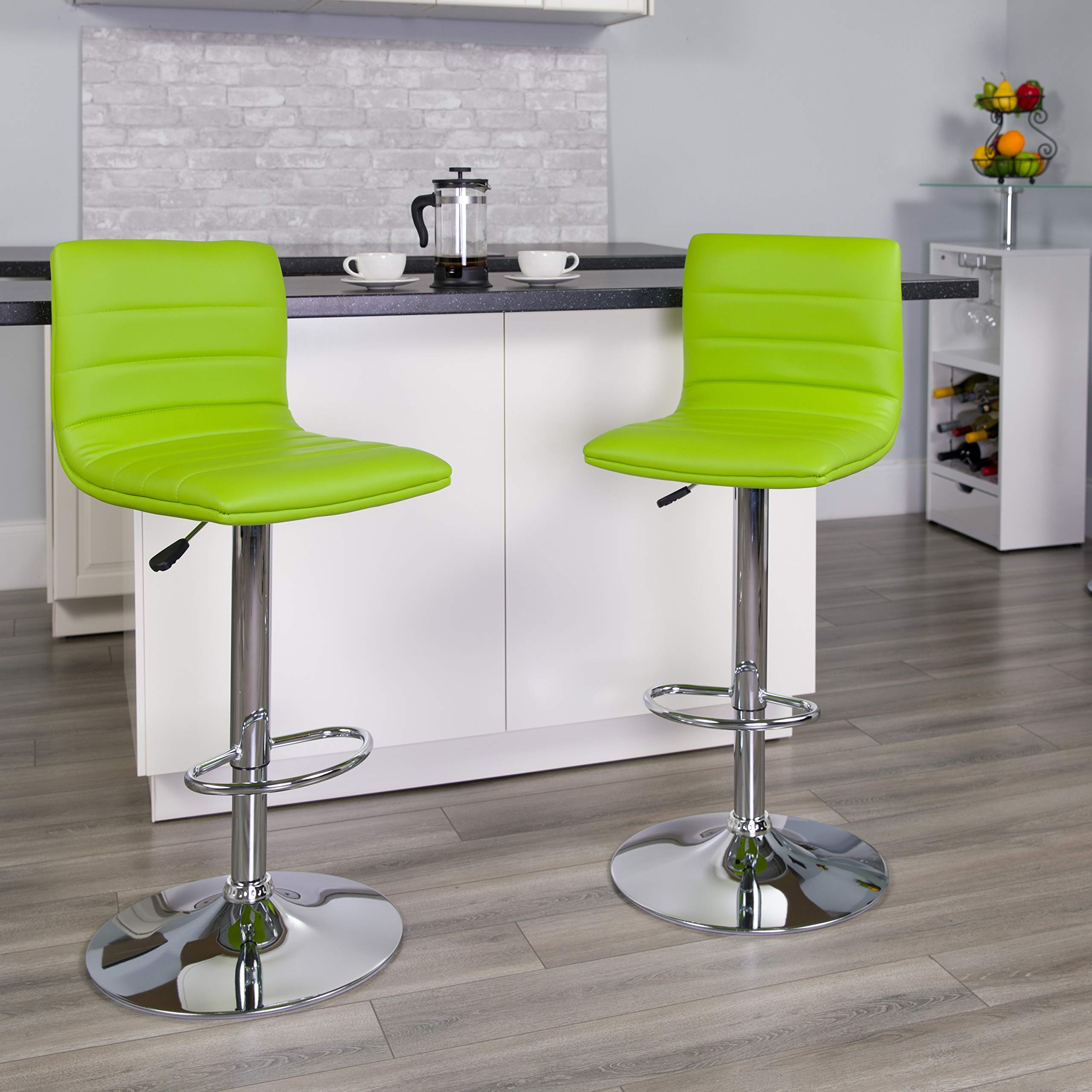 2 Pack Adjustable Height Green Vinyl Bar Stools with Horizontal Stitch Back - Perfect for Kitchen Island, Breakfast Nook & Home Bar Decor