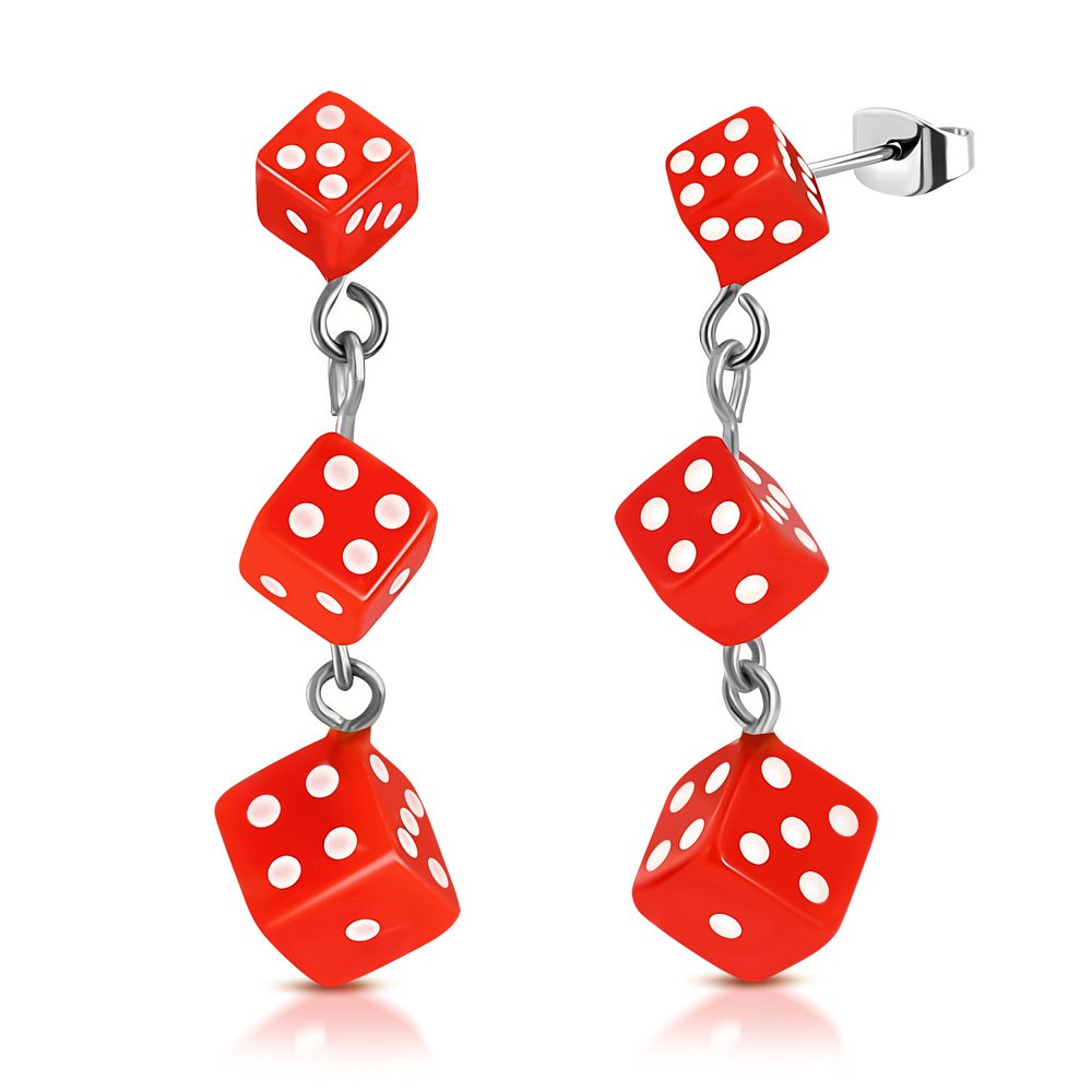 Stainless Steel 3-Tone Orange Resin Cube Dice Drop Stud Earrings Pair - Perfect for Cosplay, Gaming Nights & Unique Jewelry Gifts