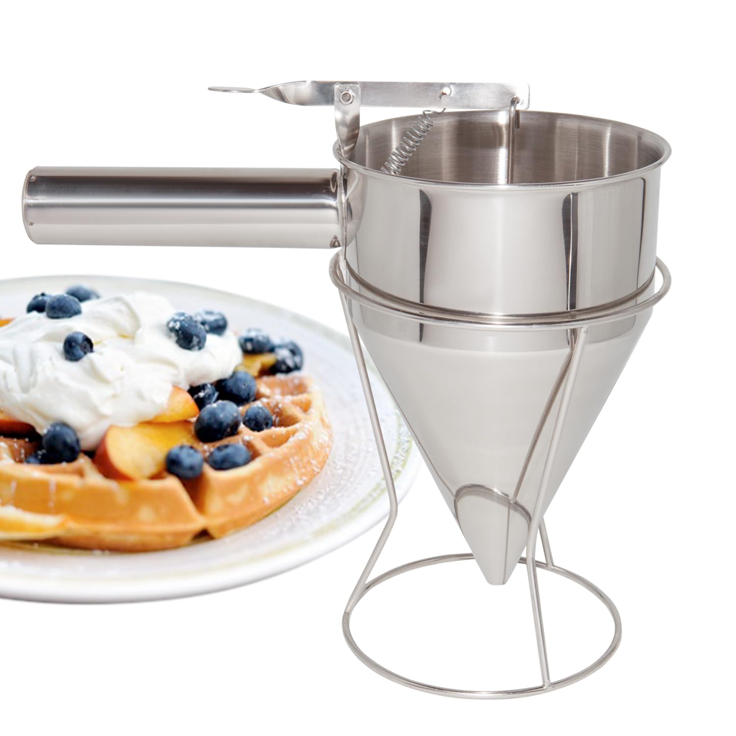 ALDKitchen Stainless Steel Batter Dispenser with Stand - Perfect for Pancakes, Waffles, Donuts & Baking - Easy Pour Funnel Dough Dispenser for Home & Commercial Kitchens