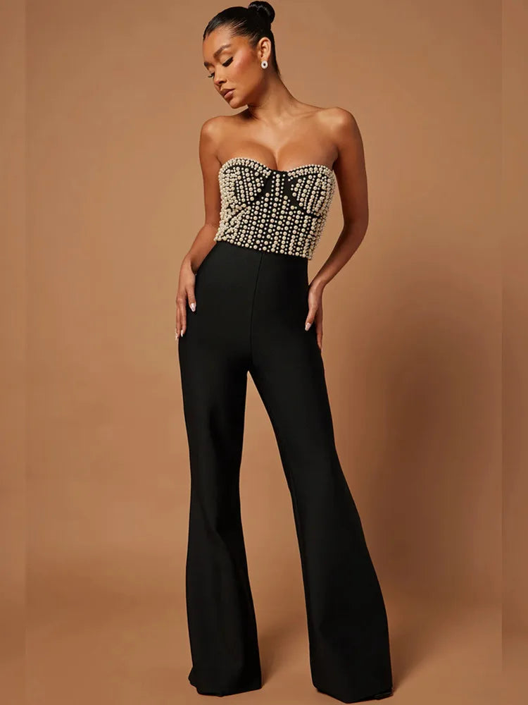 Celebrity Women's Luxury Sexy Strapless Pearl Black Bodycon Bandage Jumpsuit - 2025 High Street Designer Romper for Night Out, Club Party & Special Occasions