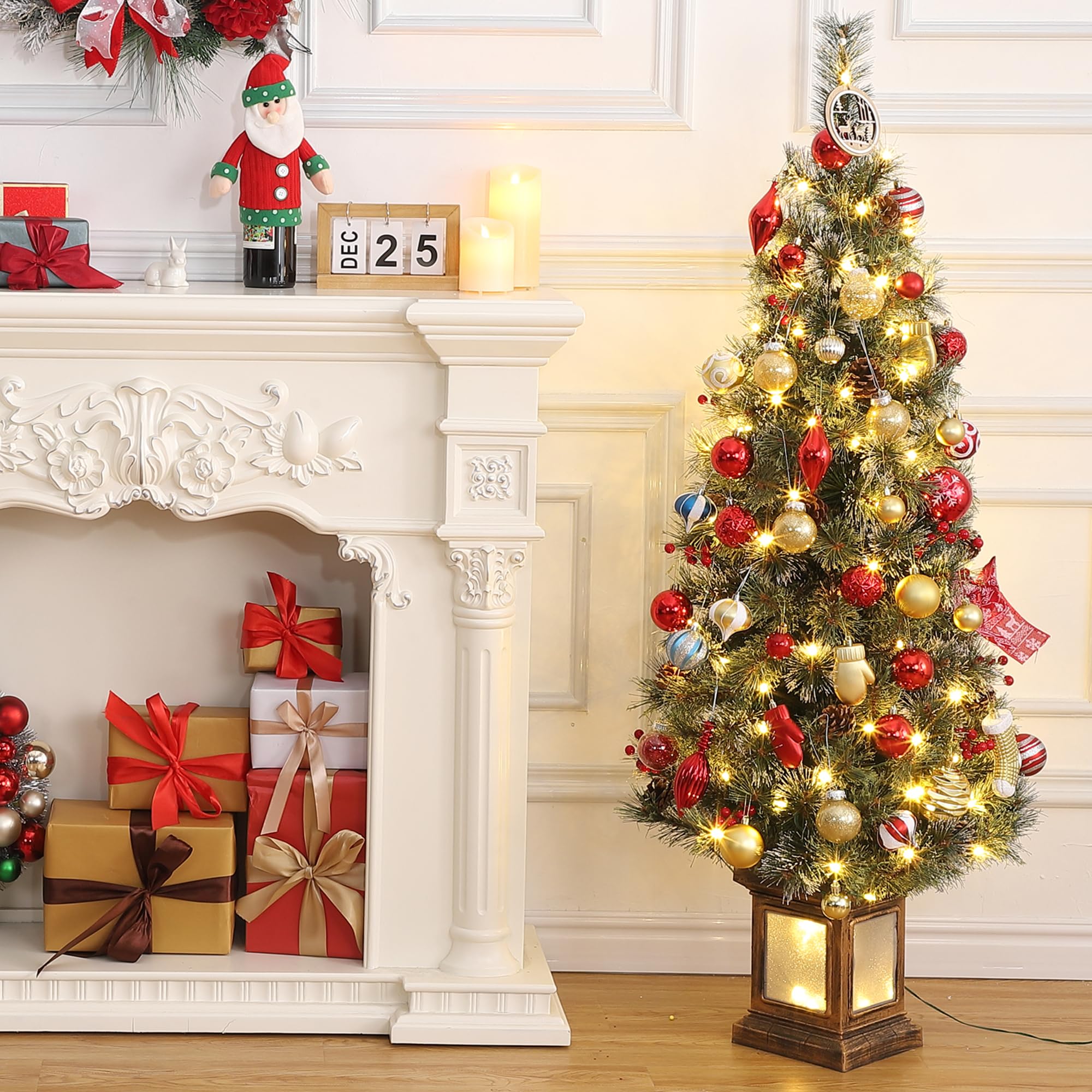GARVEE 4.5FT Pre-Lit Artificial Christmas Pine Tree with 100 Warm White LED Lights - Hinged Metal Trunk & Bendable Branches - Transparent Light Box Base - Perfect for Home, Office, Party & Holiday Decorations