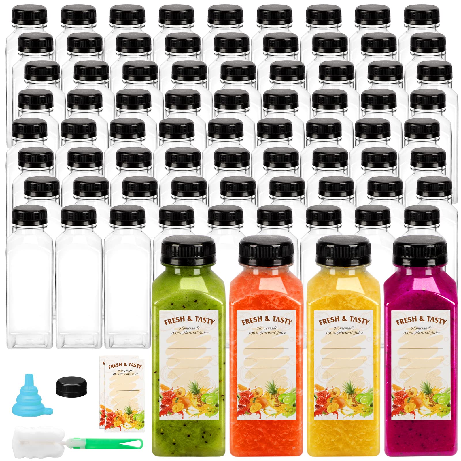 BAKHUK 100-Pack 12oz Clear Reusable Plastic Juice Bottles with Lids - Leak-Proof Drink Containers for Juice, Milk, Smoothies, Tea, DIY Beverages - Includes Free Labels, Cleaning Brush & Funnel - Perfect for Home, Restaurant, Party & Meal Prep