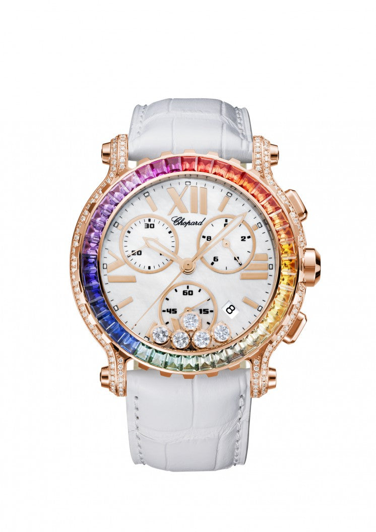 Chopard Happy Sport Chrono Ethical 18K Rose Gold Diamond & Colored Sapphire Ladies Watch - Luxury Swiss Timepiece for Women, Perfect for Gifts, Special Occasions & Everyday Elegance