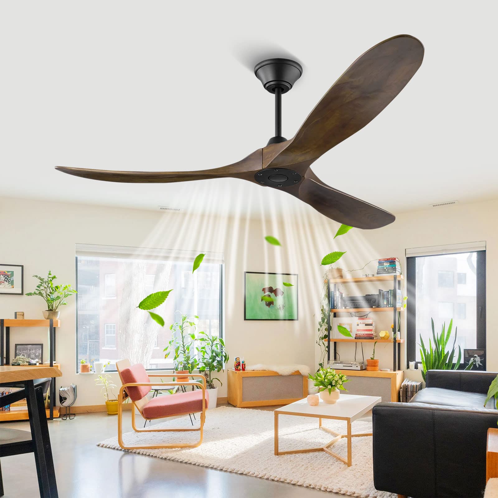 60 Inch Wood Ceiling Fan with Remote - 3 Blade Outdoor Ceiling Fan for Patio, Noiseless Reversible DC Motor, 6 Speed Settings, No Light - Perfect for Indoor and Outdoor Use in Living Rooms, Bedrooms, and Covered Porches