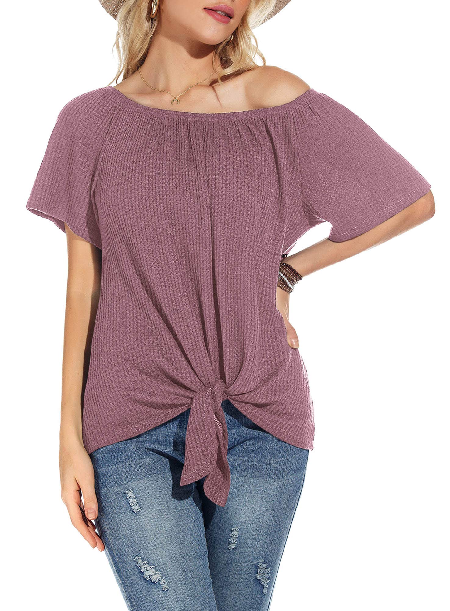 Women's Waffle Knit Off-Shoulder Casual Short Sleeve Blouse Summer Tie Knot Loose T-Shirt - Perfect for Beach Outings, Date Nights & Summer Vacations