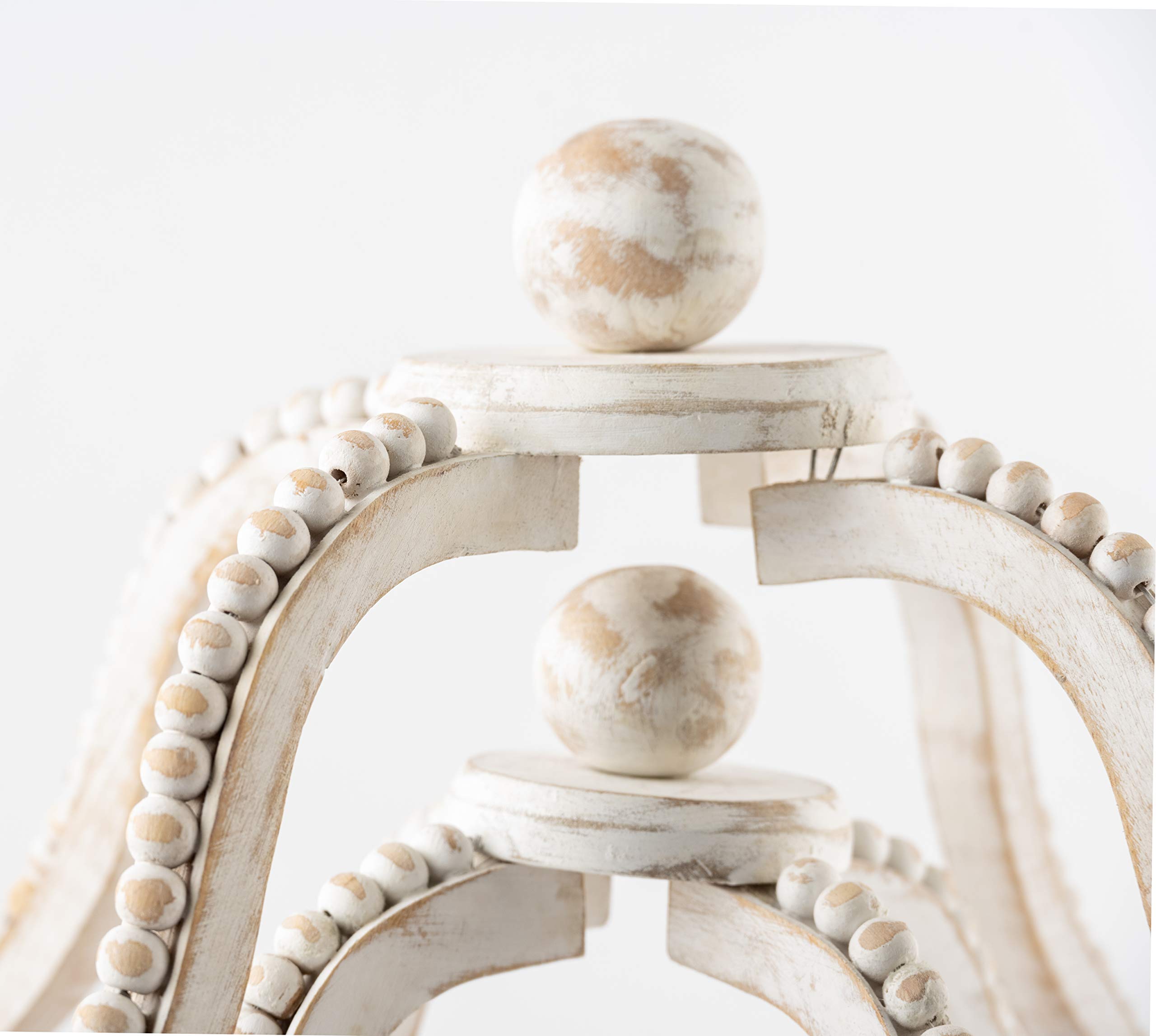 Distressed White Wash Wood Beaded Lantern Set by Mud Pie - Rustic Farmhouse Decor for Patio, Garden, Wedding & Home Decoration