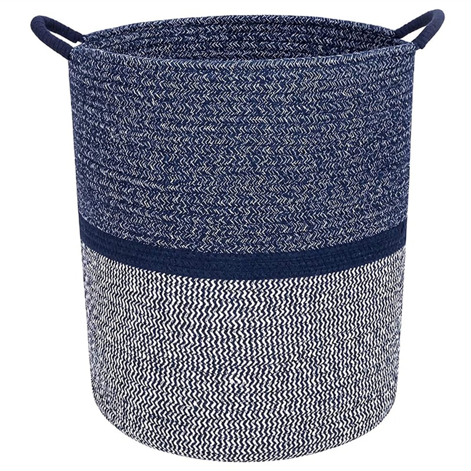 HGKL Woven Cotton Rope Laundry Basket with Handles - Blue Storage Hamper for Clothes, Toys & Home Organization | Perfect for Bedroom, Bathroom & Nursery