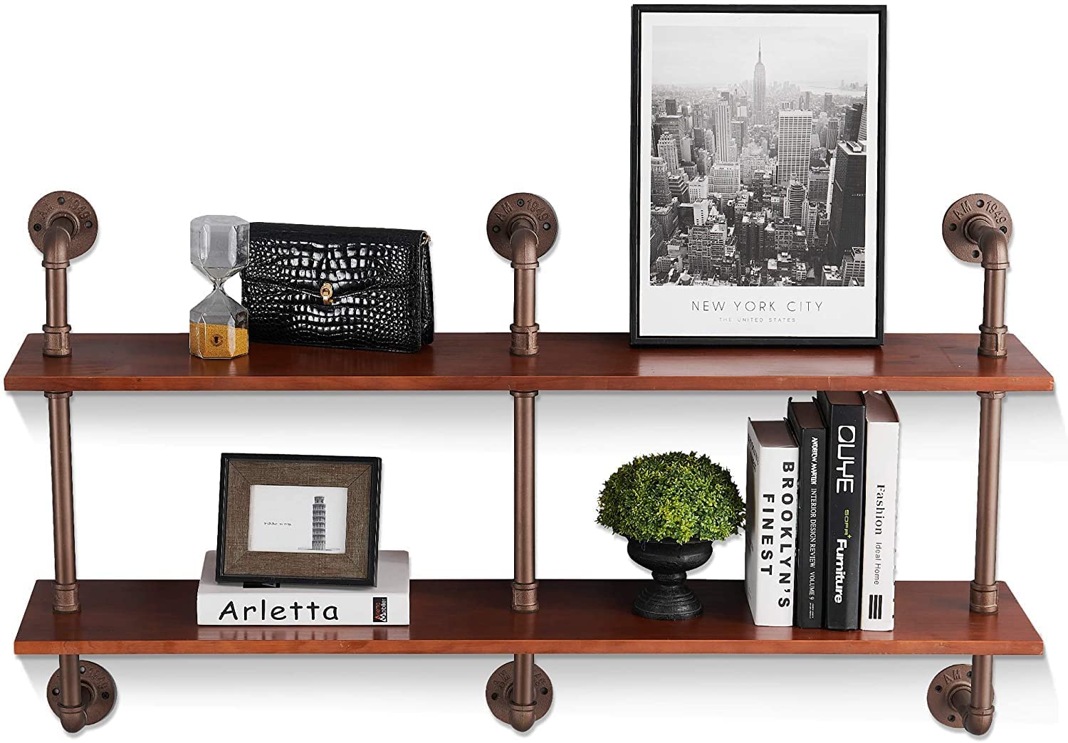 **Industrial Pipe Shelves with Wood 2-Tiers - Rustic Wall Mount Shelf with Metal Brackets, DIY Floating Bookshelf for Home & Office Storage - Perfect for Living Room, Bedroom, Kitchen & Bathroom Organization**