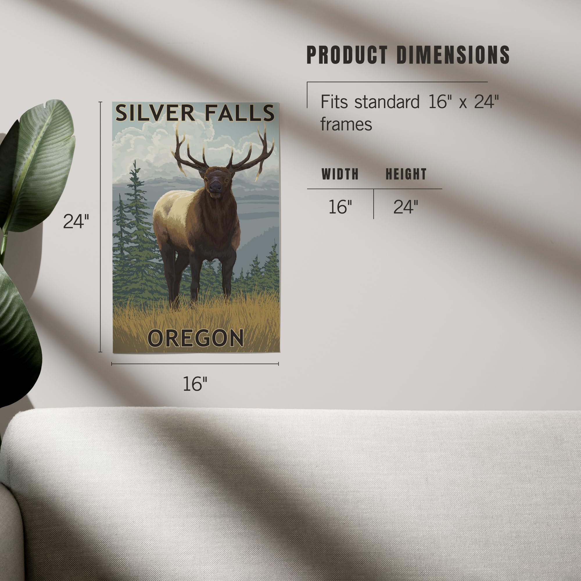 Lantern Press 16x24 Inch Giclee Art Print - Silver Falls State Park Oregon Landscape with Elk - Wall Decor for Living Room, Bedroom & Office