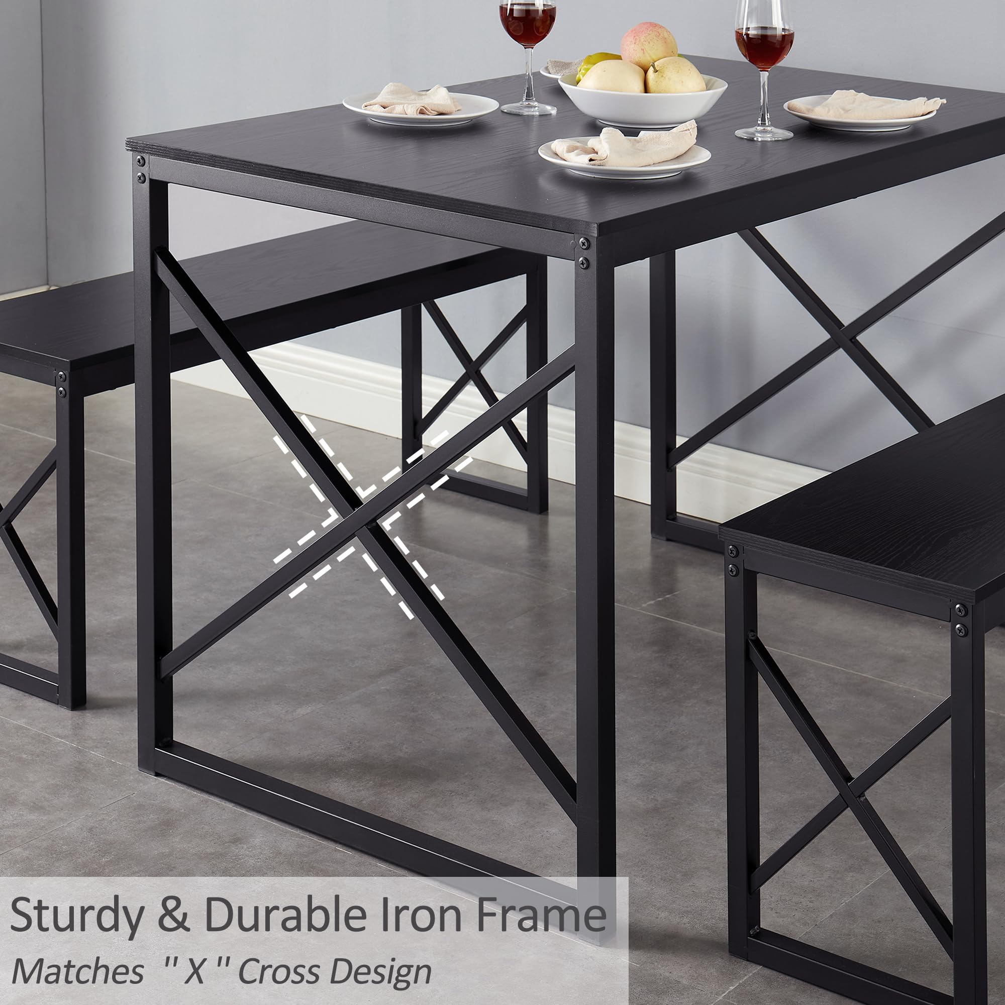 VECELO 4-Person Wood Dining Table Set with 2 Benches, Black Metal Frame Kitchen Table for Small Spaces - Perfect for Breakfast Nook, Apartment Dining & Compact Homes