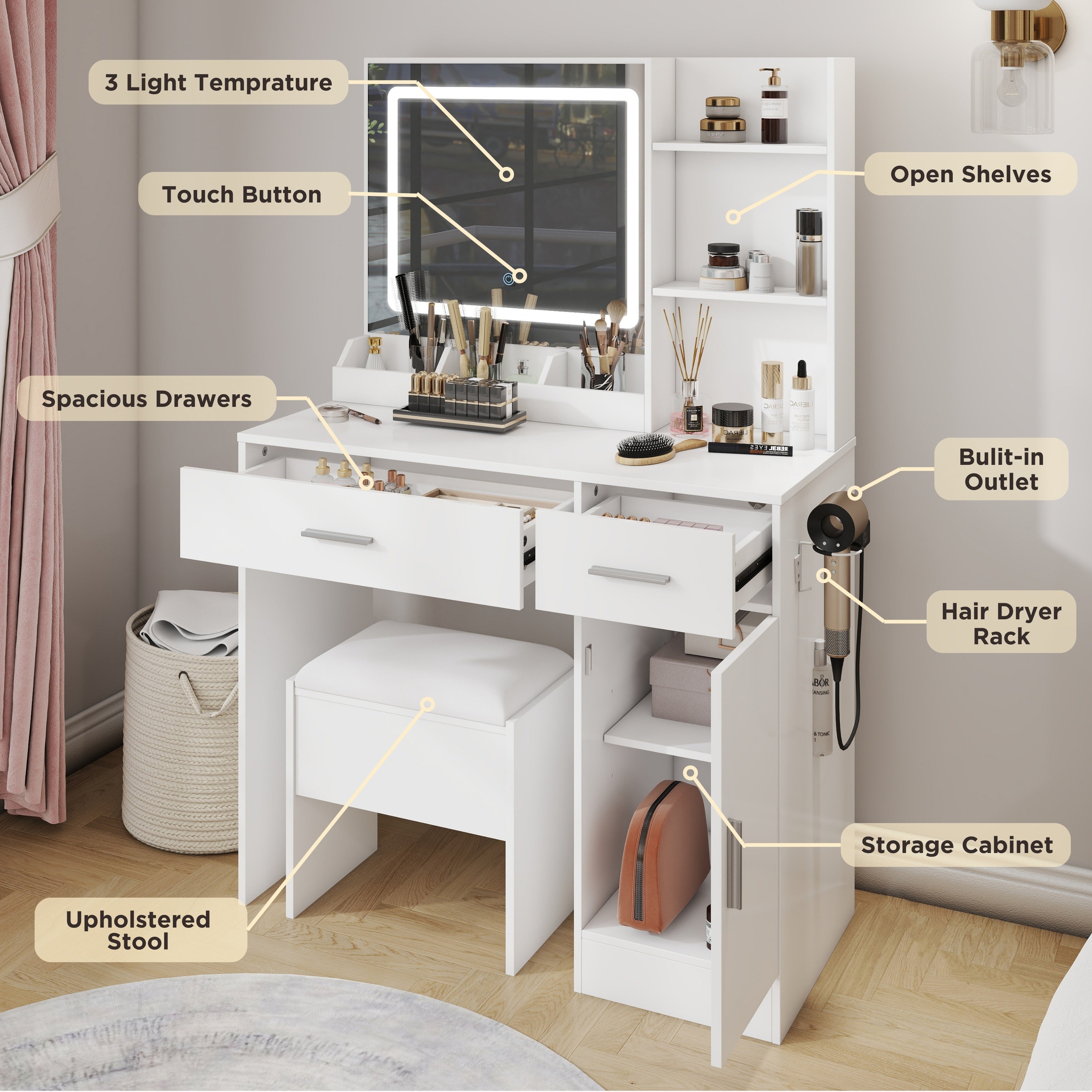 Roundhill Furniture Lavin Makeup Vanity Set with LED Light Mirror & Charging Station - White Vanity Desk & Stool for Bedroom, Dressing Room & Beauty Salon | Modern Makeup Table with Storage & USB Ports