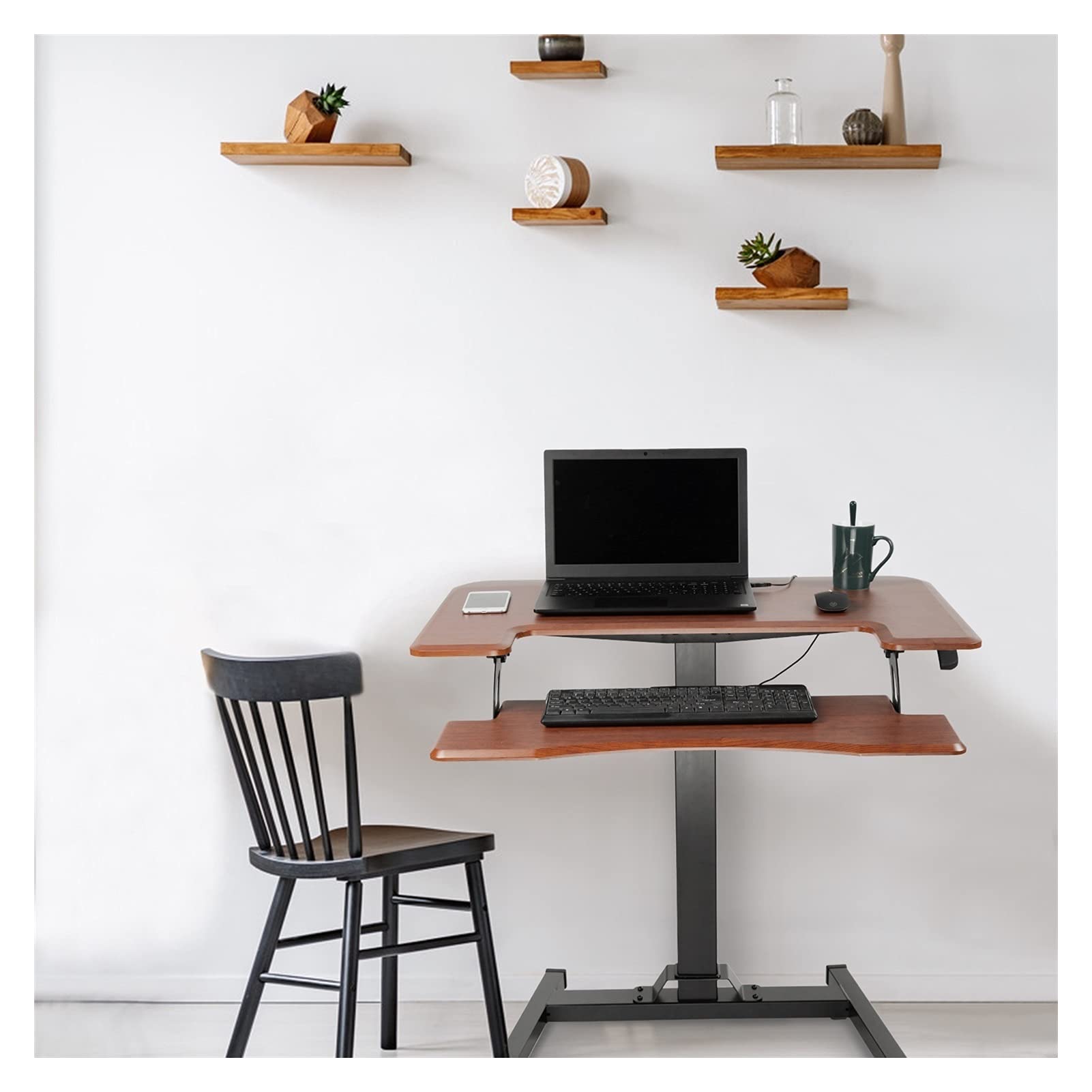 Adjustable Height Sit Stand Desk with Removable Keyboard Tray - Ergonomic Laptop Workstation for Home Office, Over Bed & Sofa Use - Lockable Wheels & Walnut Finish - Perfect for Remote Work & Small Spaces