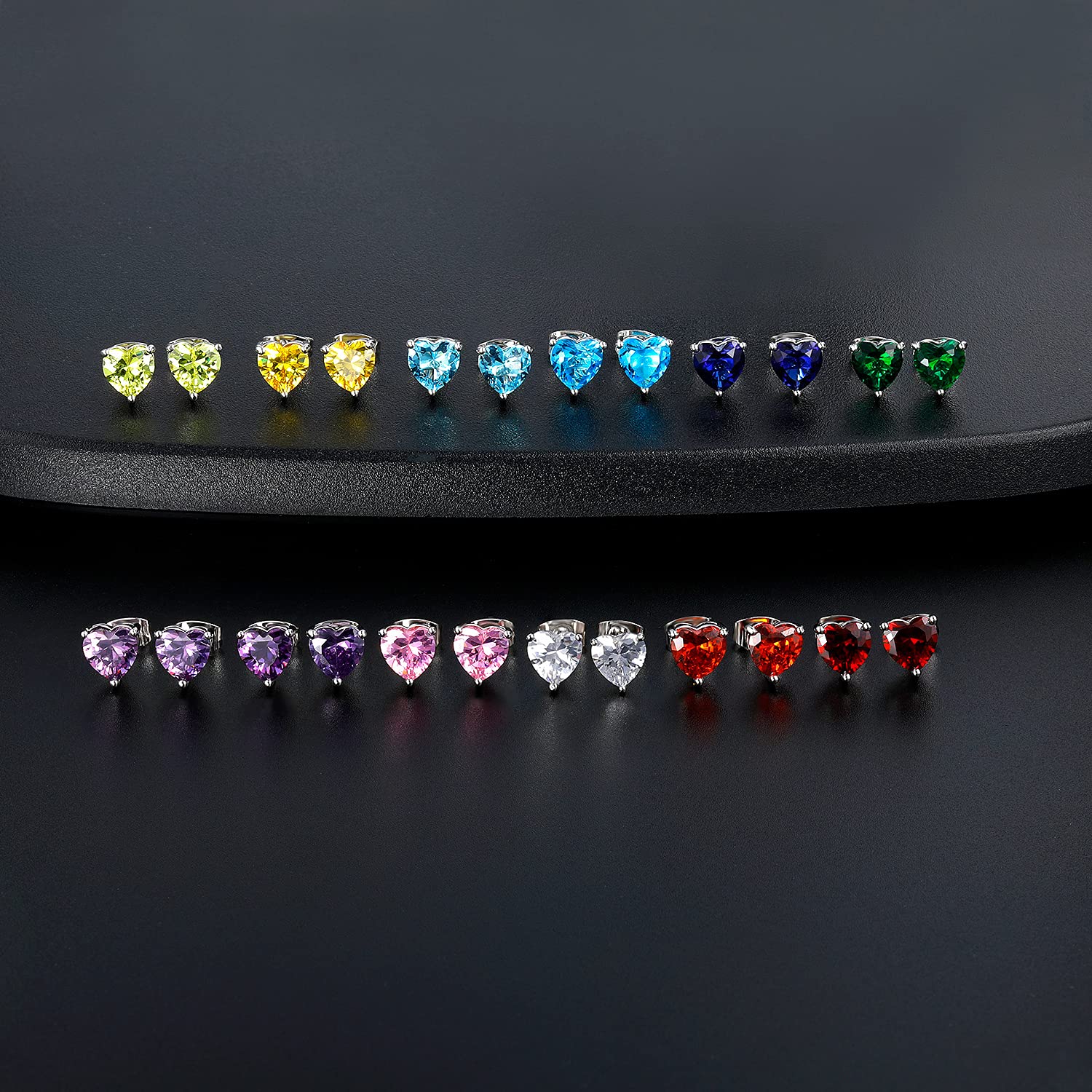 18K White Gold Plated Heart Shape Cubic Zirconia Stud Earrings - 5 Pairs Pack, Birthstone Collection | Perfect Gift for Valentine's Day, Anniversary & Special Occasions