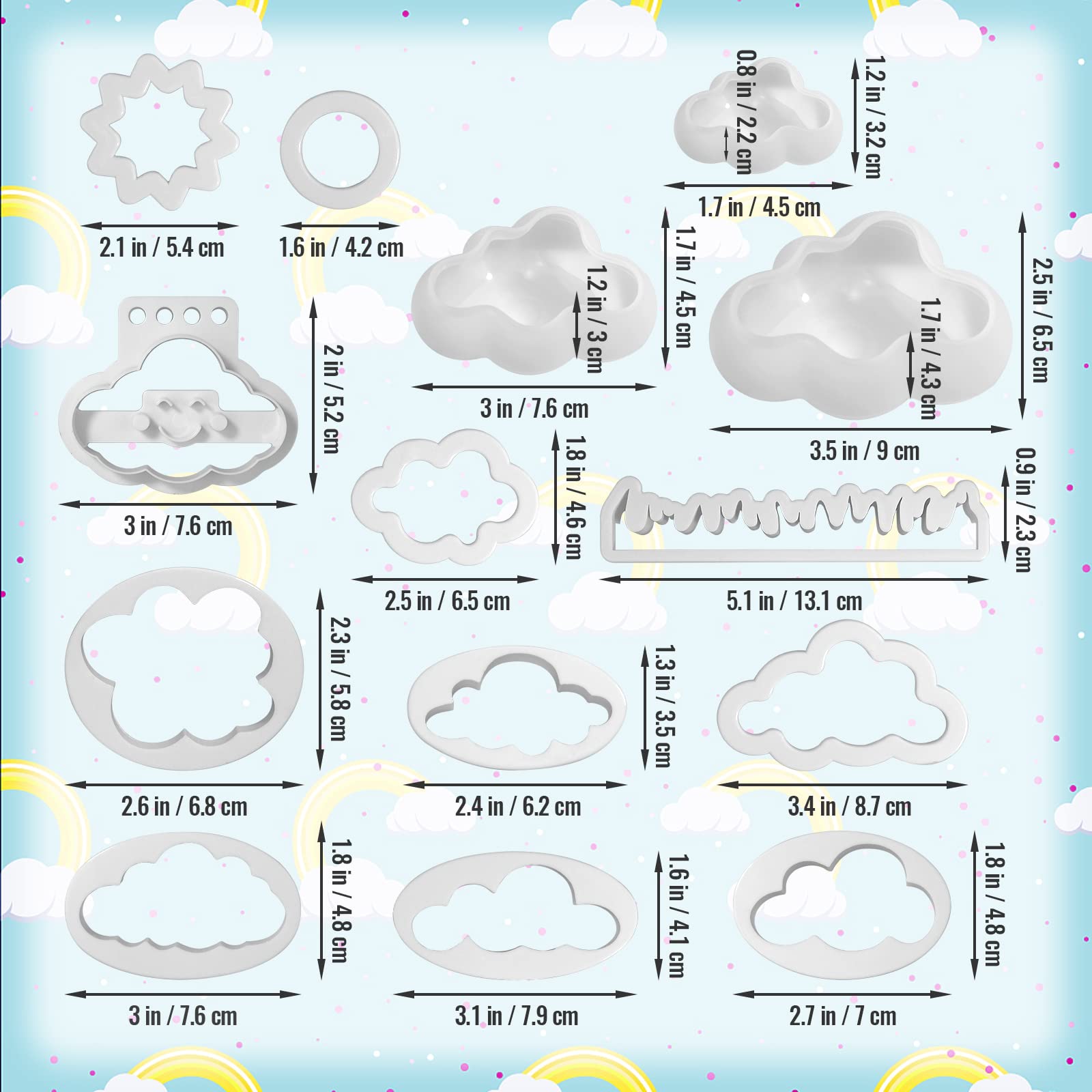 14-Piece 3D Silicone Cloud Cookie Cutters & Fondant Molds Set - Baking Decorations for Cookies, Cupcakes, Cakes - Perfect for Parties, Holidays & DIY Desserts