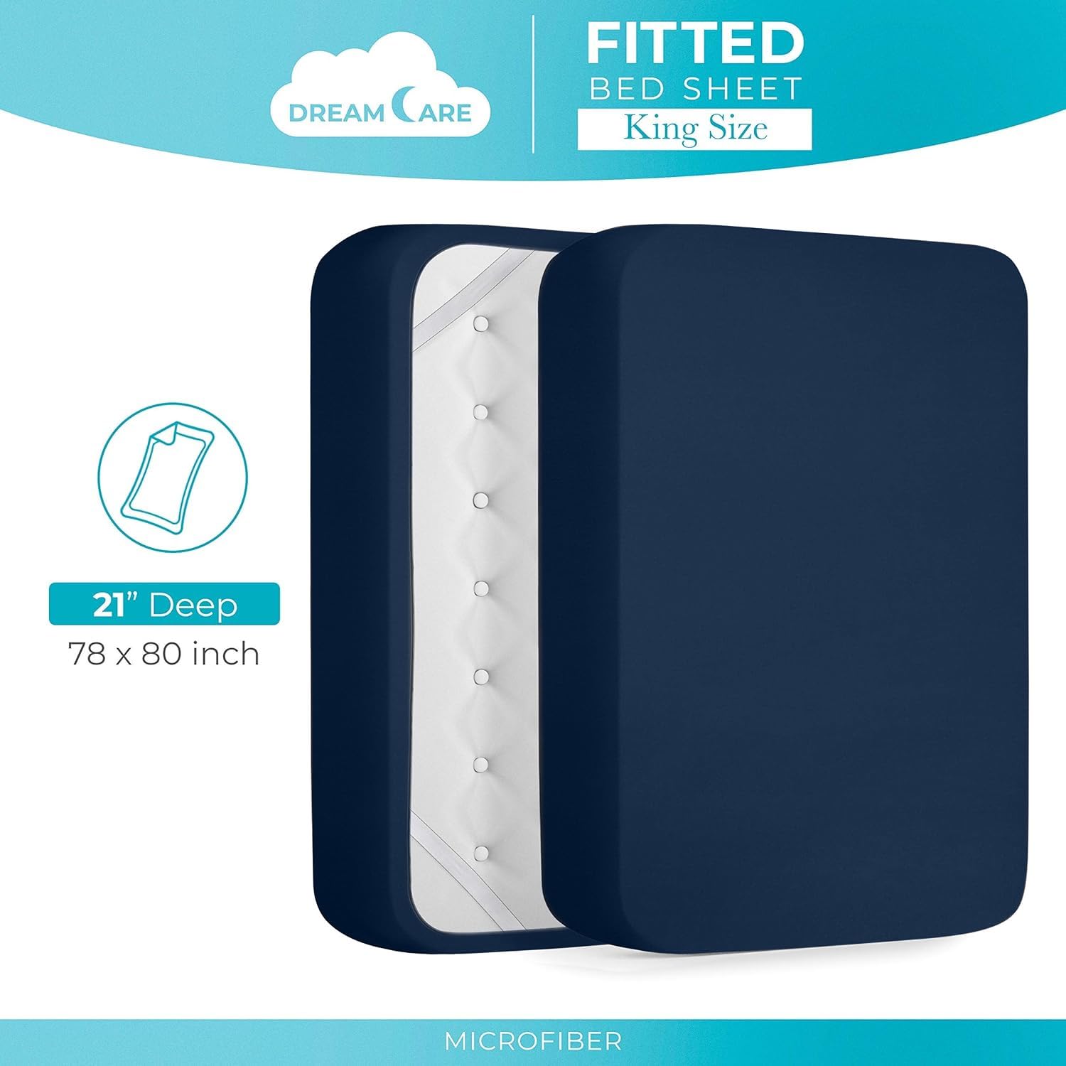 DREAMCARE Twin XL Fitted Sheet - Extra Deep Pocket 21 Inch Mattress Cover - OEKO-TEX Certified Luxury Hotel Quality Bedding - Soft Breathable Navy Blue Sheet for College Dorms, Guest Rooms & RV Beds