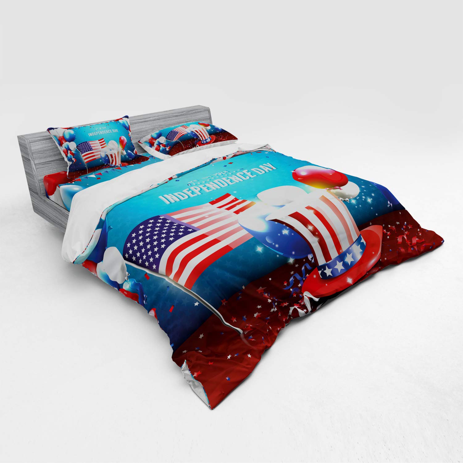 Ambesonne 4th of July Patriotic Bedding Set - King Size 4-Piece Duvet Cover with Pillow Shams & Fitted Sheet - Uncle Sam Hat, American Flag & Balloons Design in Blue, Red & Pearl - Perfect for Independence Day Decor & Holiday Home Celebration
