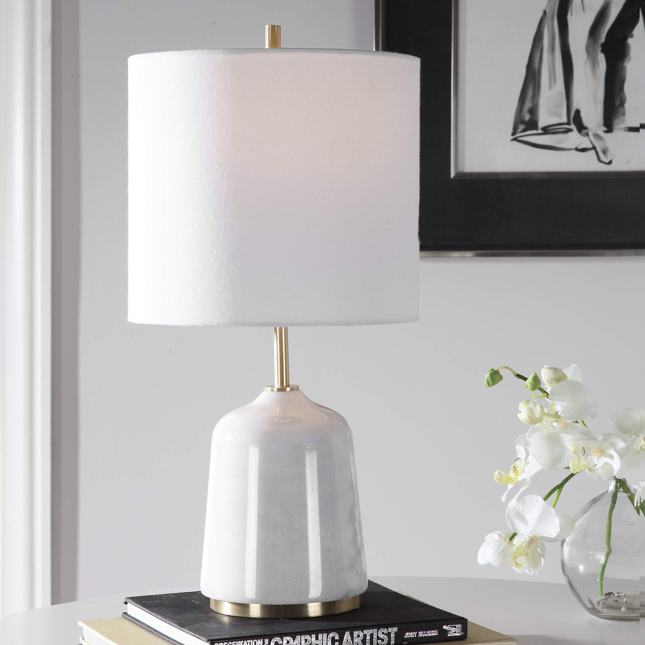 Elegant White Marble Table Lamp - Modern Home Office & Bedroom Decor Lighting - Perfect for Nightstands, Desks, and Living Room Accent