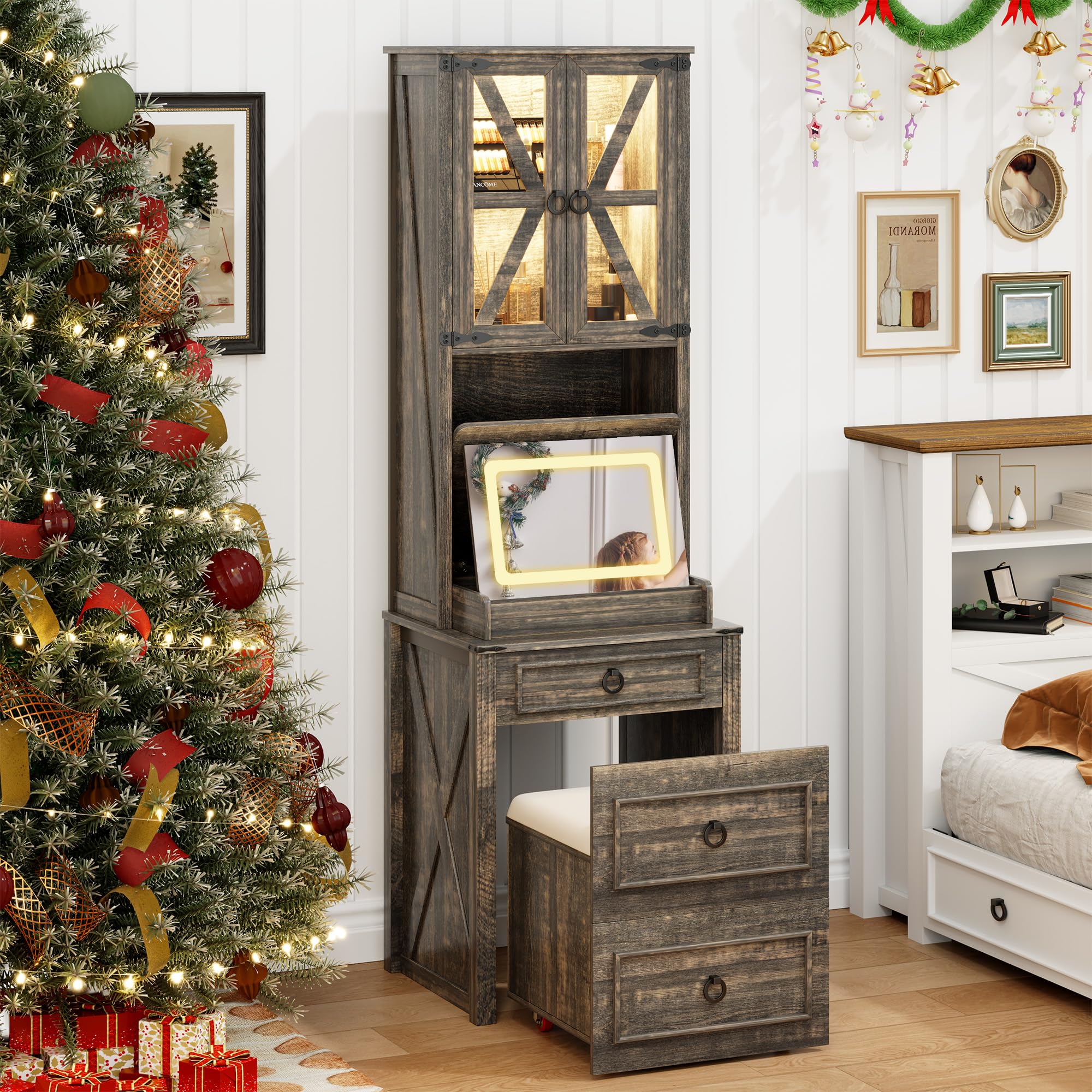 Vanity Desk with Mirror & Stool - Small Makeup Vanity Set with Adjustable LED Lights, Compact Dressing Table with Hidden Storage for Bedroom, Espresso Brown | Perfect for Small Spaces, Home Beauty Salon & Gift for Women