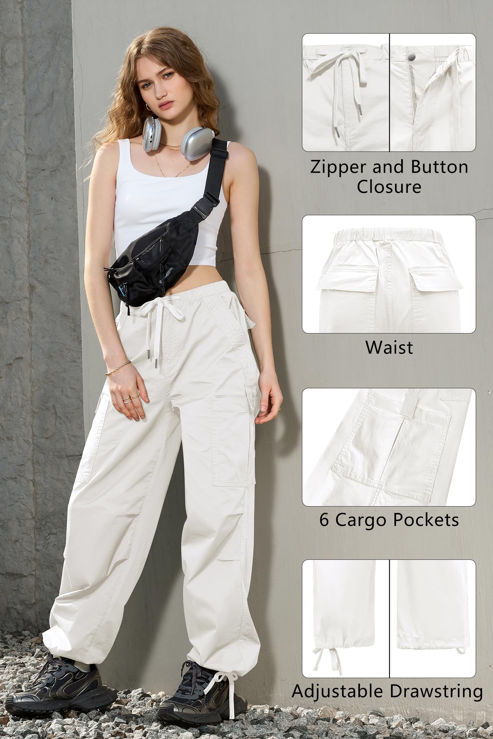IVIR Women's Cargo Pants - High Waisted Baggy Parachute Pants with 6 Pockets | Y2K Streetwear Joggers for Casual Wear, Outdoor Activities & Urban Fashion