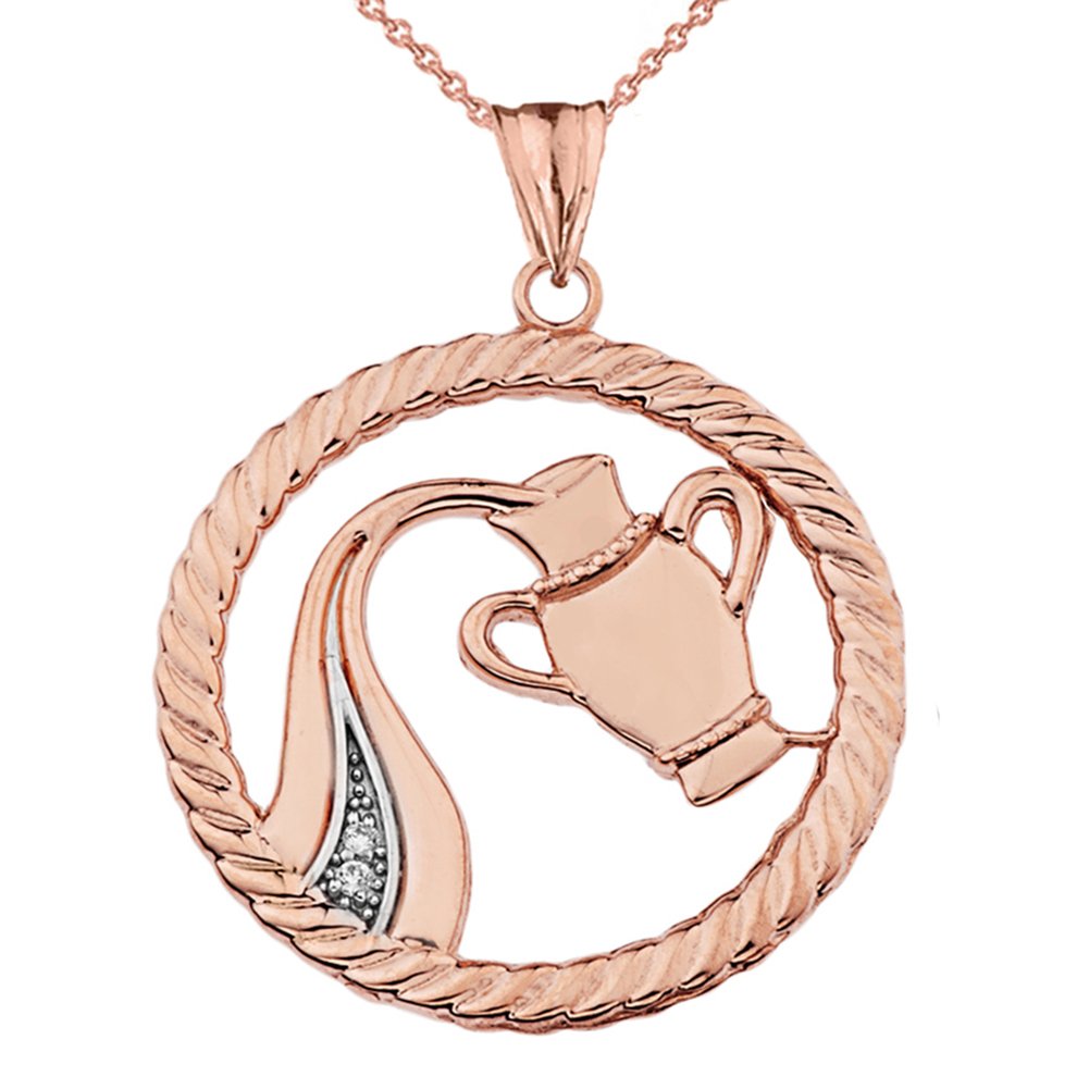 14K Two-Tone Rose Gold Diamond Aquarius Zodiac Pendant Necklace - Elegant Rope Chain Charm for Women, Perfect Gift for Birthday, Anniversary & Valentine's Day