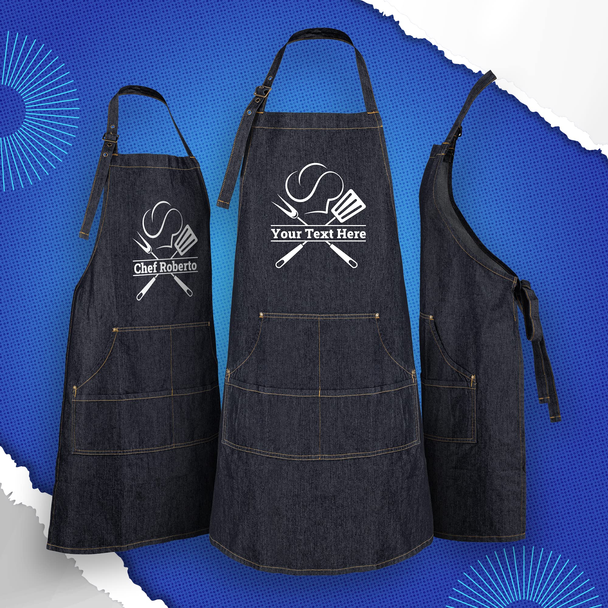 Custom Denim Chef Apron with Pockets - Personalized Cooking Apron for Men & Women - Great Gift for Chefs & Home Cooks - Perfect for BBQ, Baking & Kitchen Use
