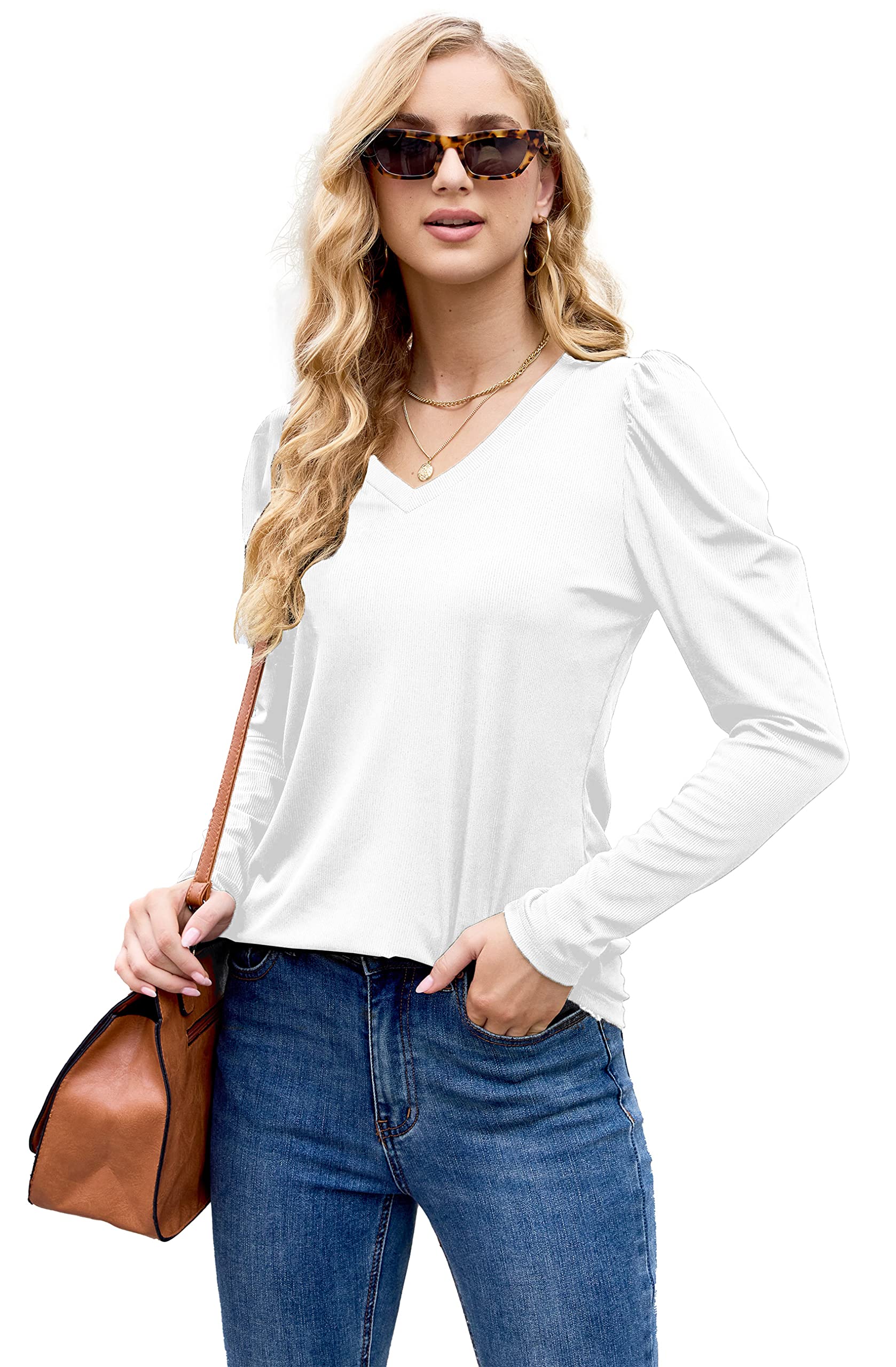 Women's V-Neck Casual T-Shirt with Puff Sleeves - Solid Color Tunic Top Blouse for Everyday Wear | Office, Date Night & Weekend Outfits