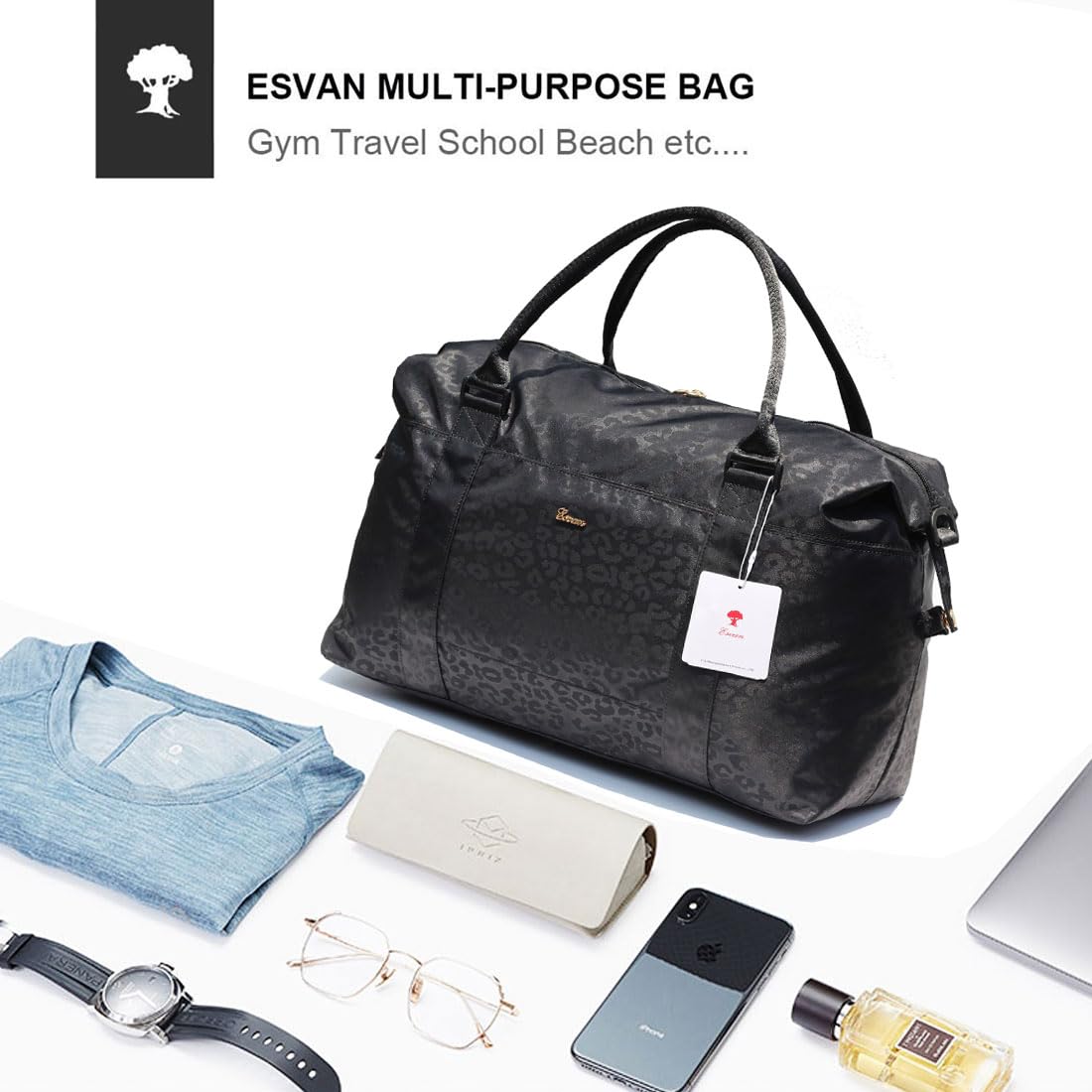 ESVAN Travel Tote Duffel Gym Bag - Waterproof Weekender Overnight Carry On Bag with Wet Pocket & Trolley Sleeve - Perfect for Gym, Travel, Workout & Weekend Getaways
