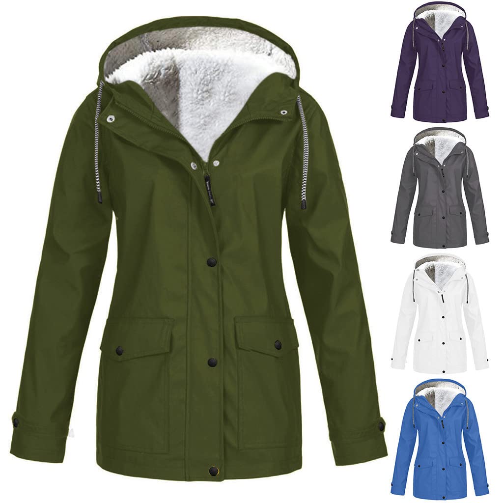URBEST Women's Fleece Lined Windbreaker - Lightweight Waterproof Rain Jacket with Hood & Pockets for Outdoor Sports, Hiking & Travel