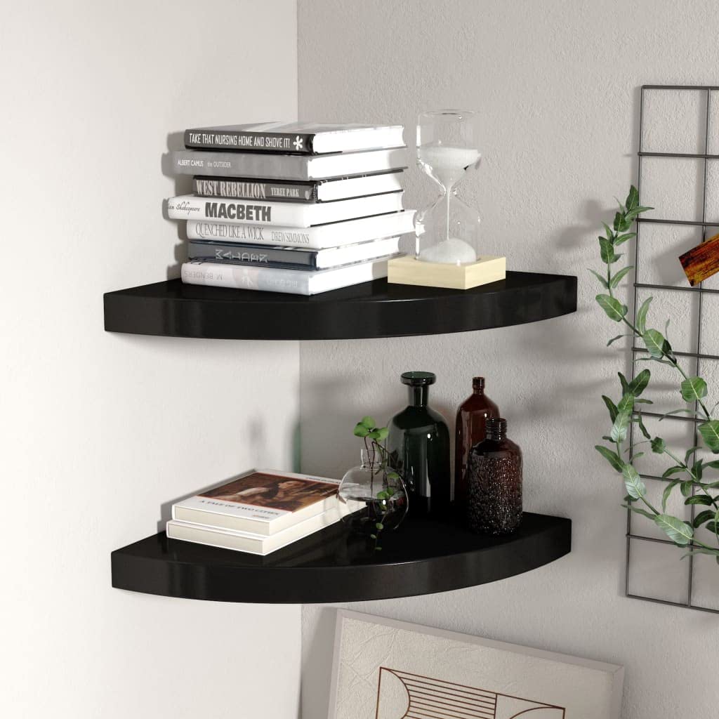 CHARMMA Floating Corner Shelves Set of 2 - Black 13.8x13.8x1.5 Inch MDF Wall Mounted Shelves (2.8KG) - Perfect for Bathroom, Kitchen, Living Room & Bedroom Storage & Decor