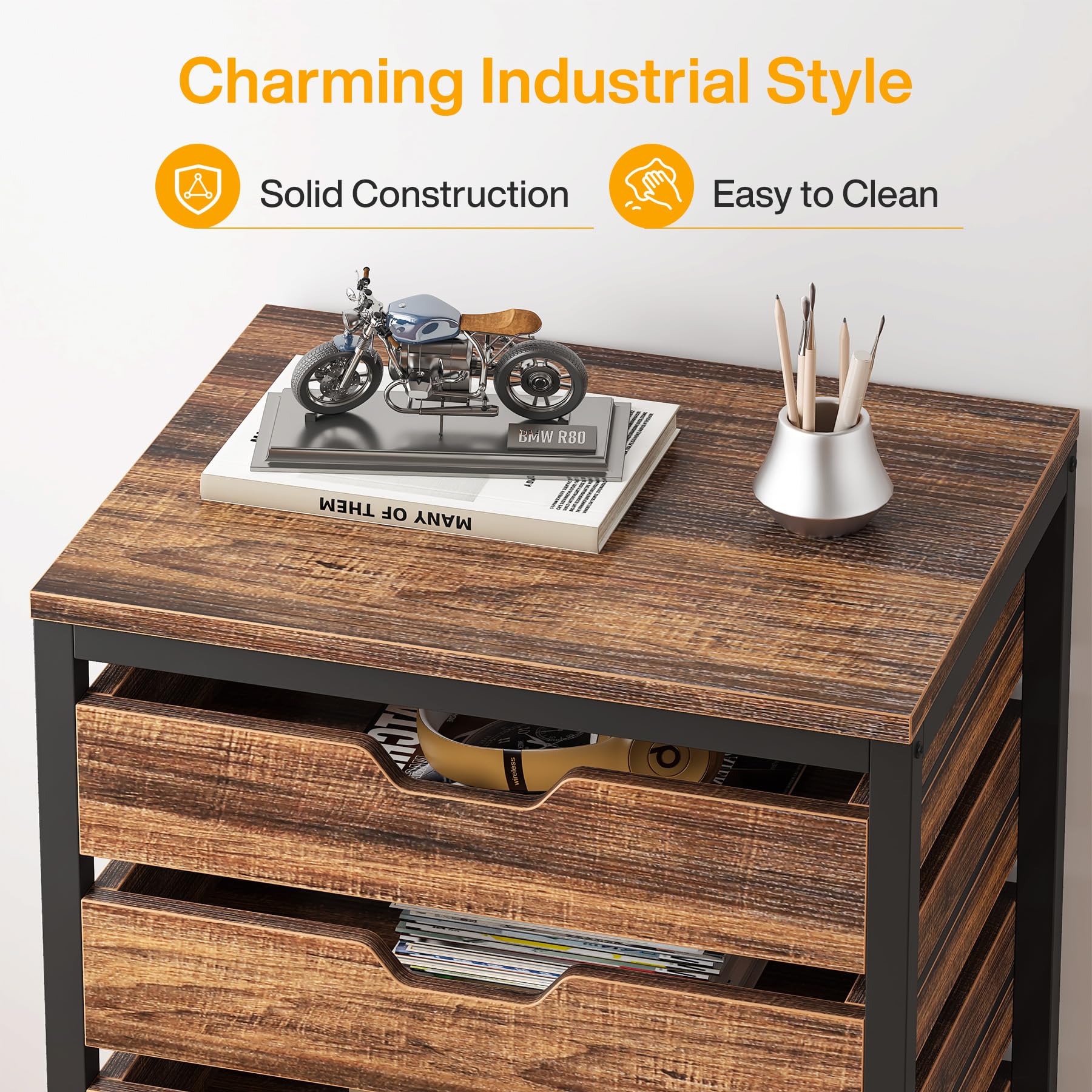 Tribesigns 7-Drawer Wooden File Cabinet with Wheels - Mobile Storage Drawer Unit for Office & Home, Industrial Rolling Printer Stand, Rustic Brown - Perfect for Home Office Organization & Document Storage