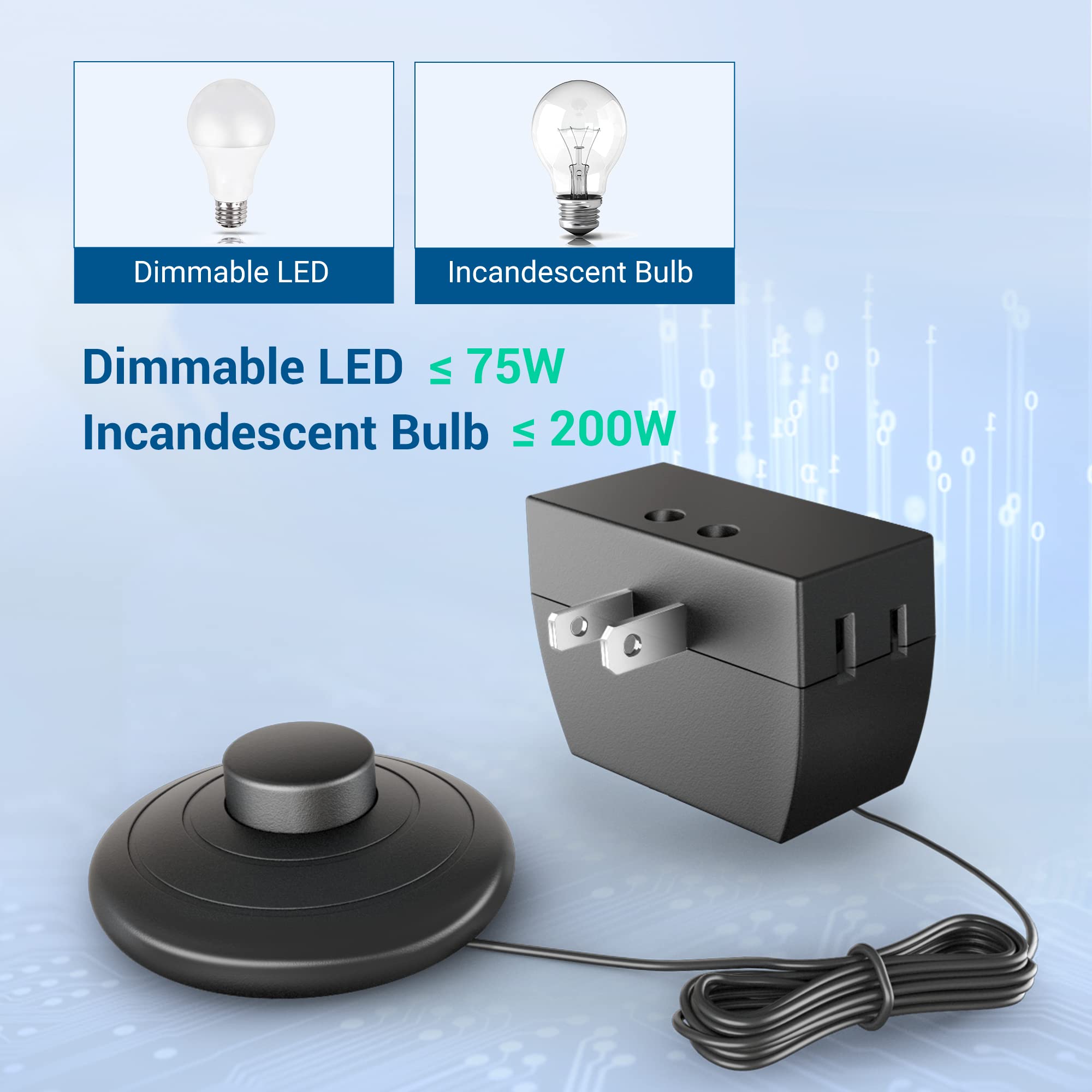 DEWENWILS LED Dimmer Switch with 3-Level Brightness Control - Foot Pedal Light Dimmer for Dimmable LED & Incandescent Bulbs - 5ft Cord - Black (1 Pack) - Perfect for Bedside Lamps, Reading Lights & Home Theater Lighting