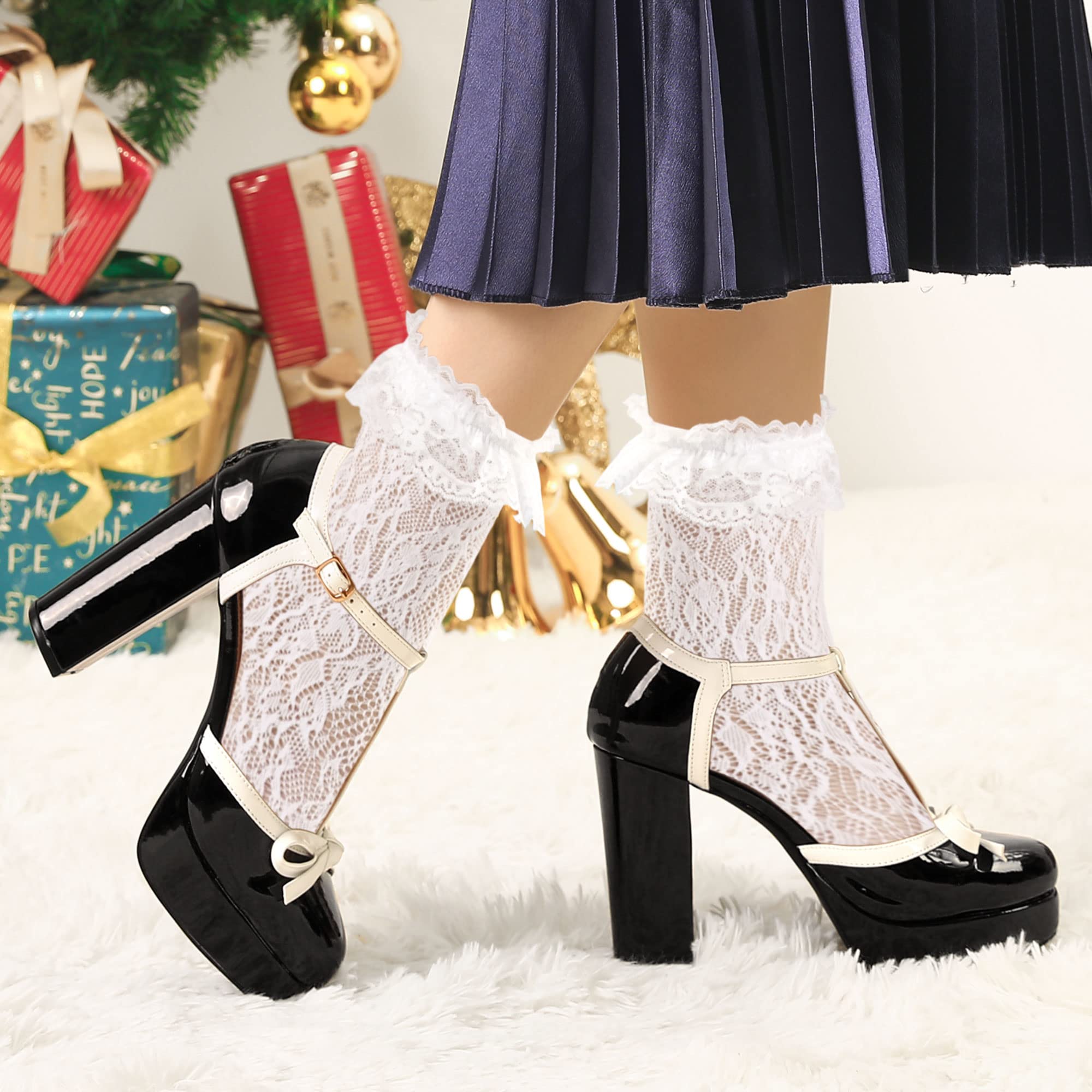 Allegra K Women's Platform Bow T-Strap Chunky Heel Pumps - Elegant Dress Shoes for Parties, Weddings & Special Occasions