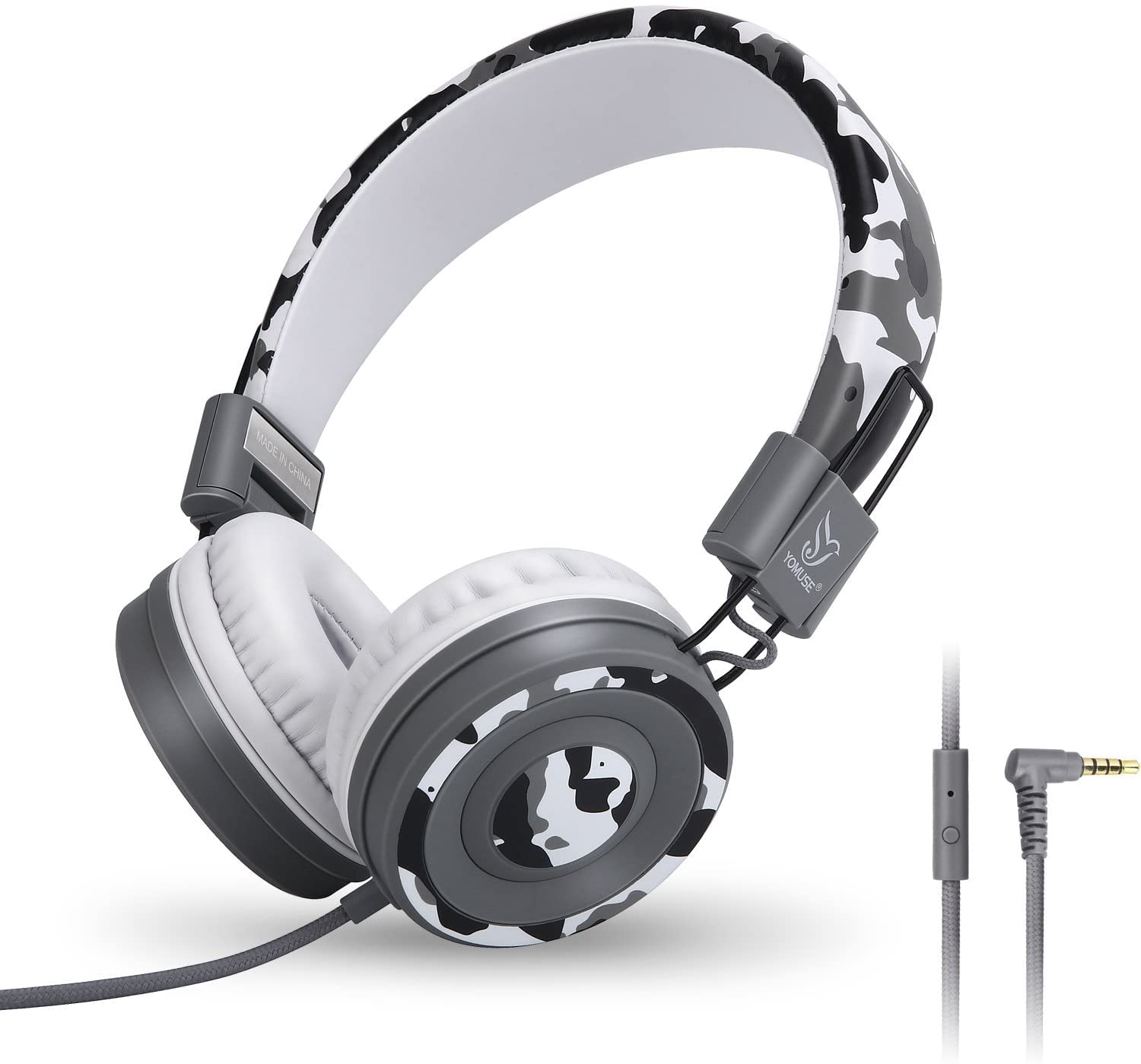 Yomuse C89 Kids Headphones with Microphone - Adjustable Foldable On-Ear Wired Headphones for School, Travel, Gaming - Perfect for Boys, Girls & Adults (Camo Grey) | Ideal for Online Classes, Airplane Trips & Home Study
