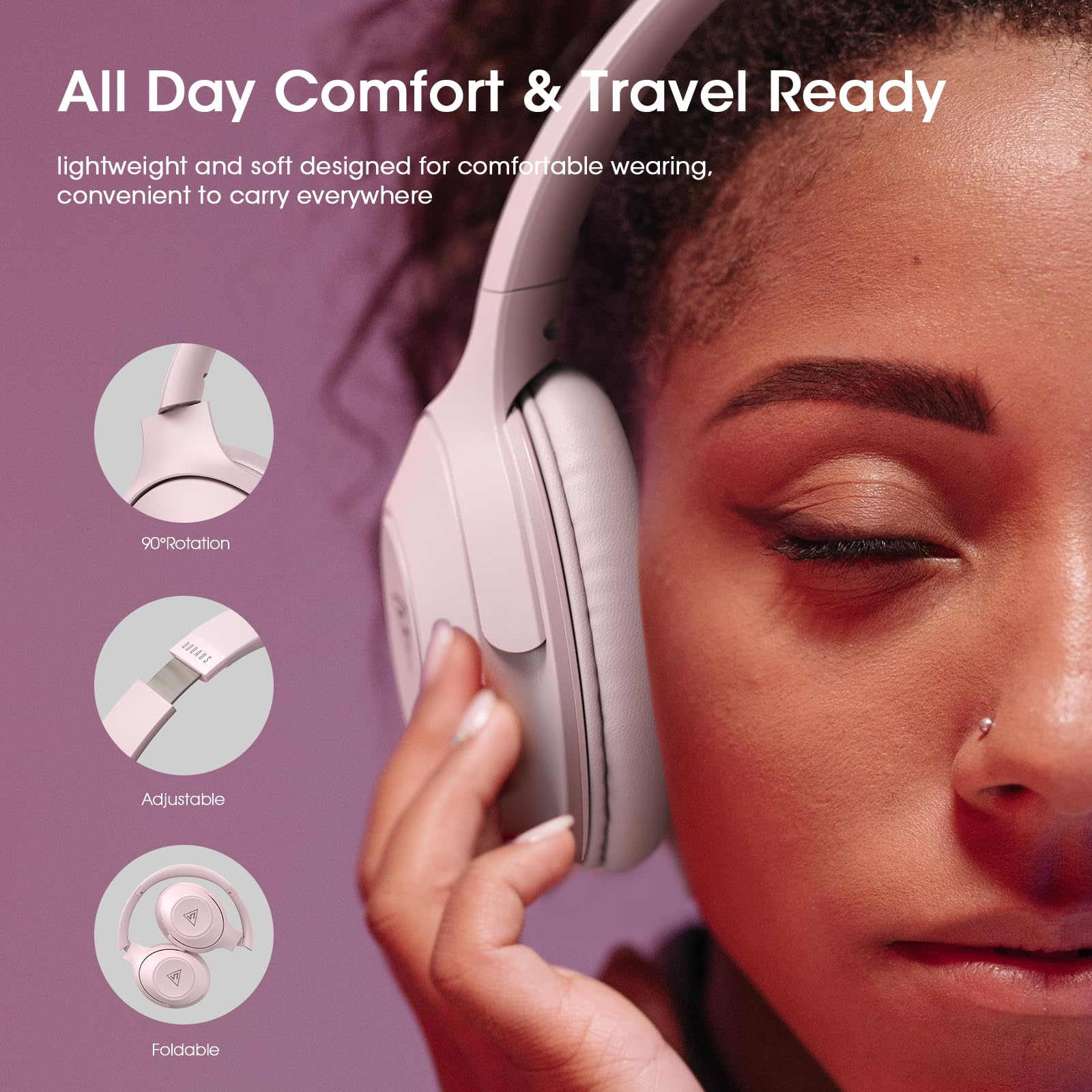 DOQAUS Wireless Bluetooth Headphones with Microphone - 70 Hours Playtime, Hi-Fi Stereo Sound, 3 EQ Modes, Foldable Design for iPhone, Android, PC - Perfect for Travel, Office, Gym & Home Use (Pink)