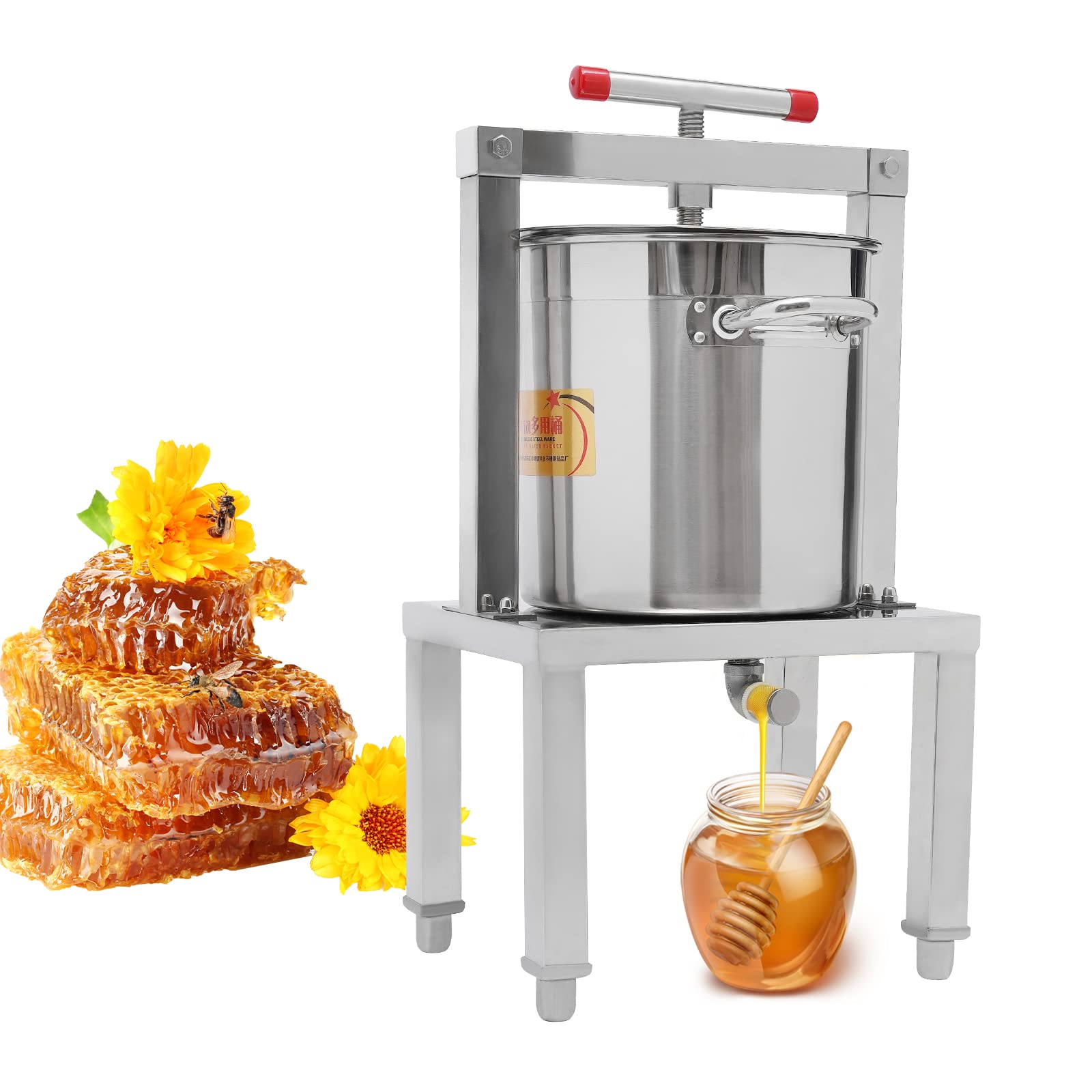 13.25L/3.5Gal Stainless Steel Manual Fruit Wine Press - Adjustable Stand for Grape, Cider, Cheese, Herbs, Olive Oil & Honey | Home Brewing, Winemaking & DIY Kitchen Equipment (Silver)