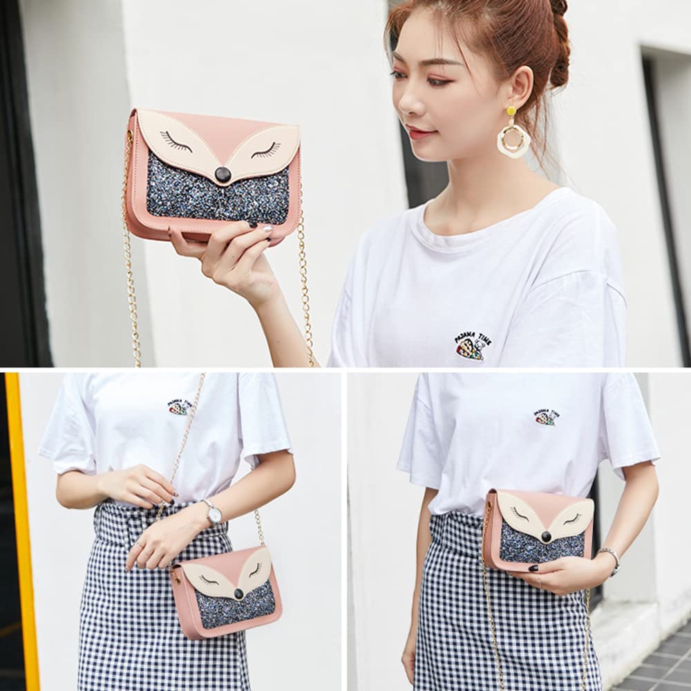 Cute Fox Sequins Leather Crossbody Bag for Little Girls - Small Shoulder Purse with Adjustable Strap, Kids Gift for Birthday, Party & School (Pink)