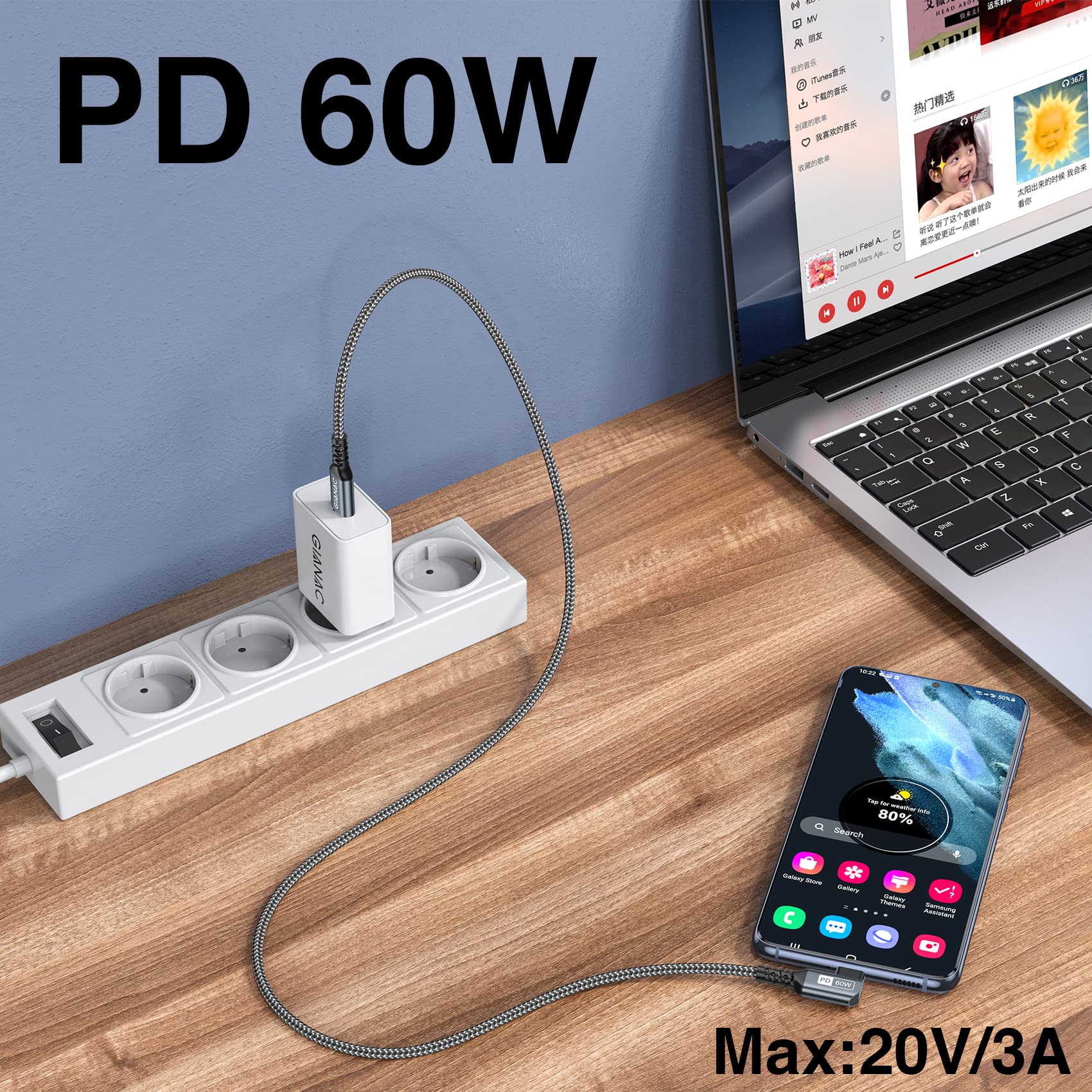 90 Degree USB C to USB C Cable 1M/2-Pack, 60W Fast Charging PD Compatible with Samsung Galaxy S22/S21/S20/A53/Note 20, Huawei P50/P40, iPad Air/Pro 2021/Mini 6, MacBook Pro - Perfect for Home, Office & Travel Charging