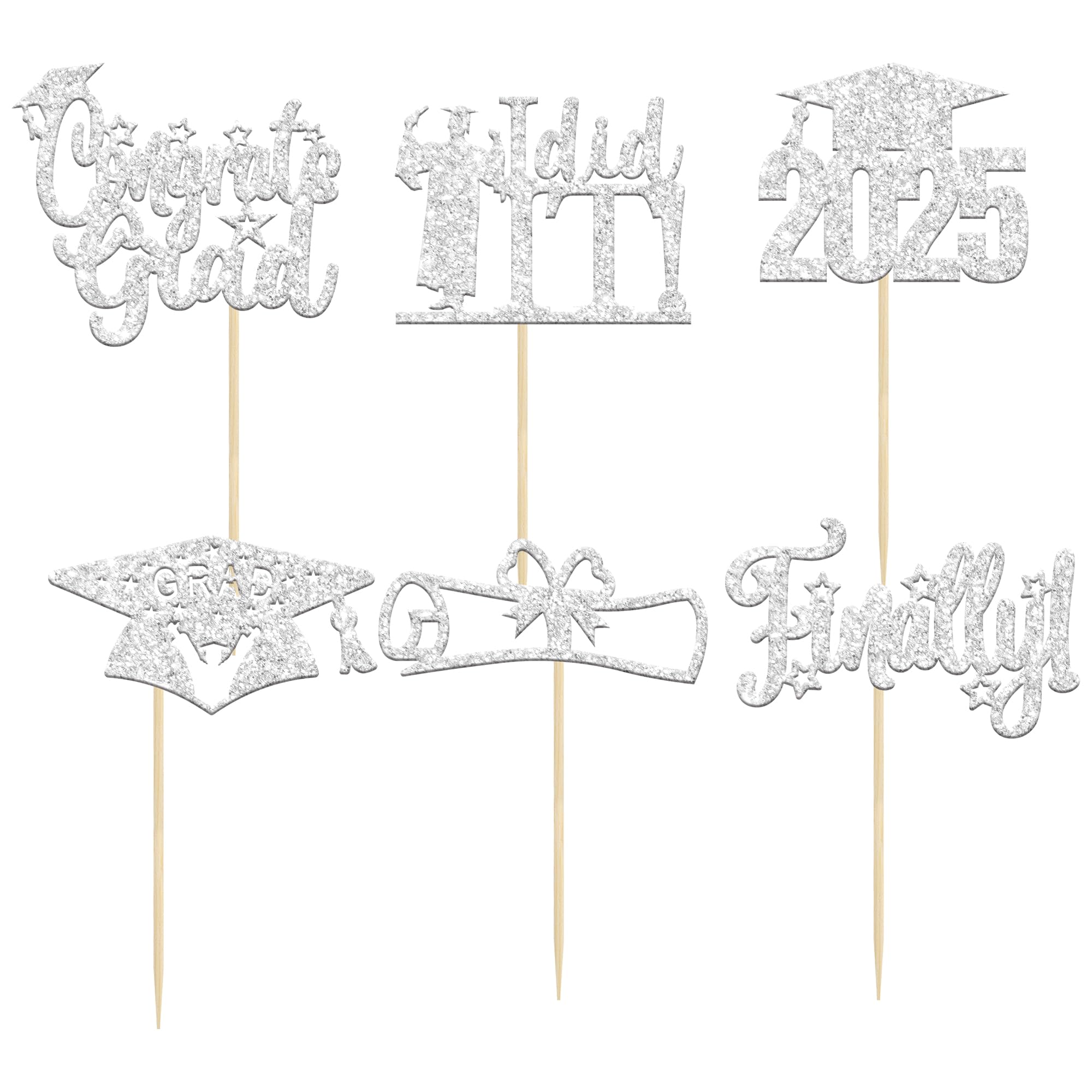 24 PCS 2025 Graduation Cupcake Toppers - Glitter Graduation Cap & Diploma Cake Decorations - Congrats Grad Finally I Did It - Silver Theme Party Supplies for Graduation Celebrations, School Parties & Dessert Decorating