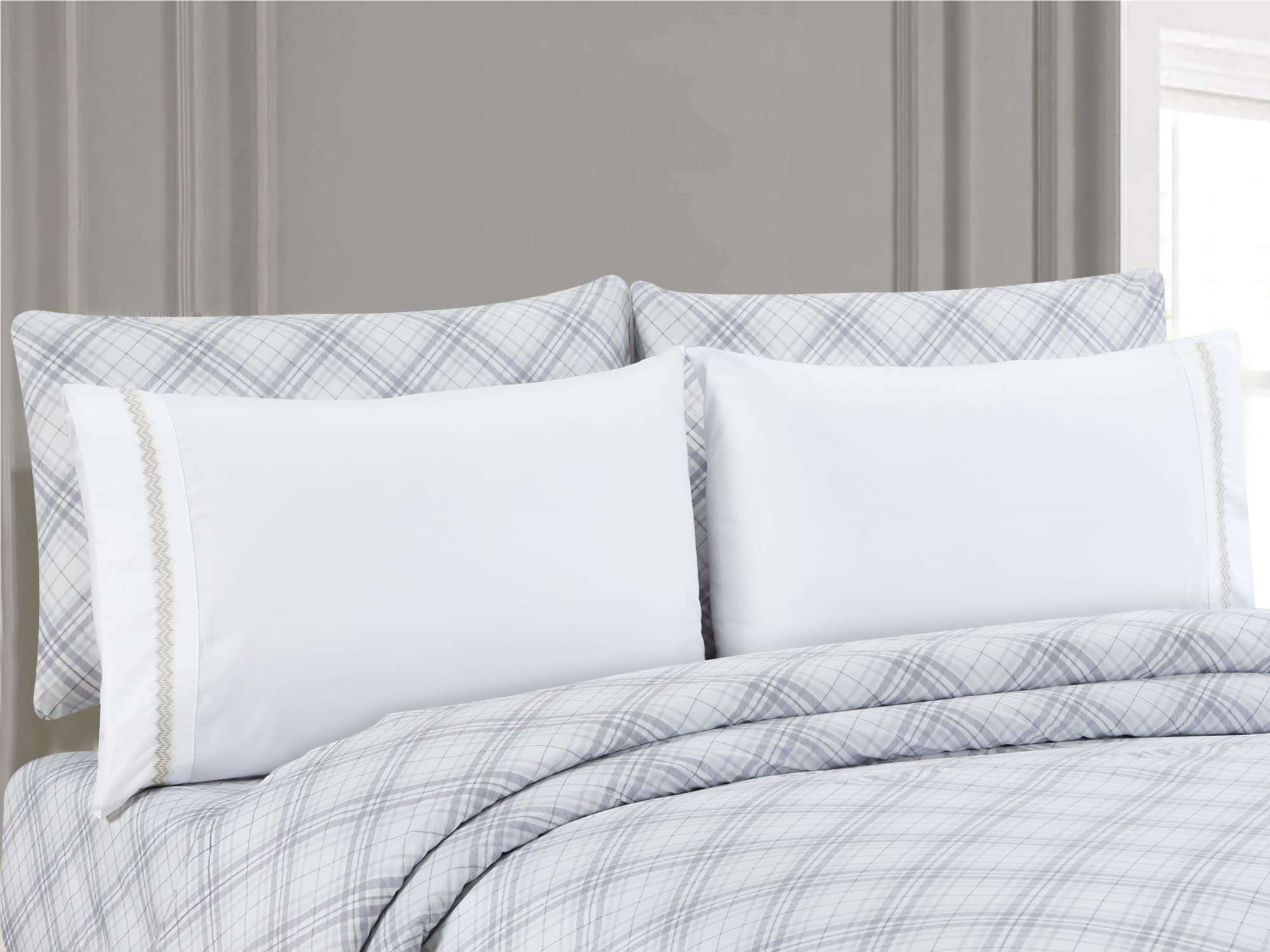 6-Piece Printed King Sheet Set with Embroidered Pillowcases - Cruiser Plaid Design for Bedroom Decor | Soft & Breathable Cotton Blend | Perfect for Master Bedroom, Guest Room & Vacation Homes