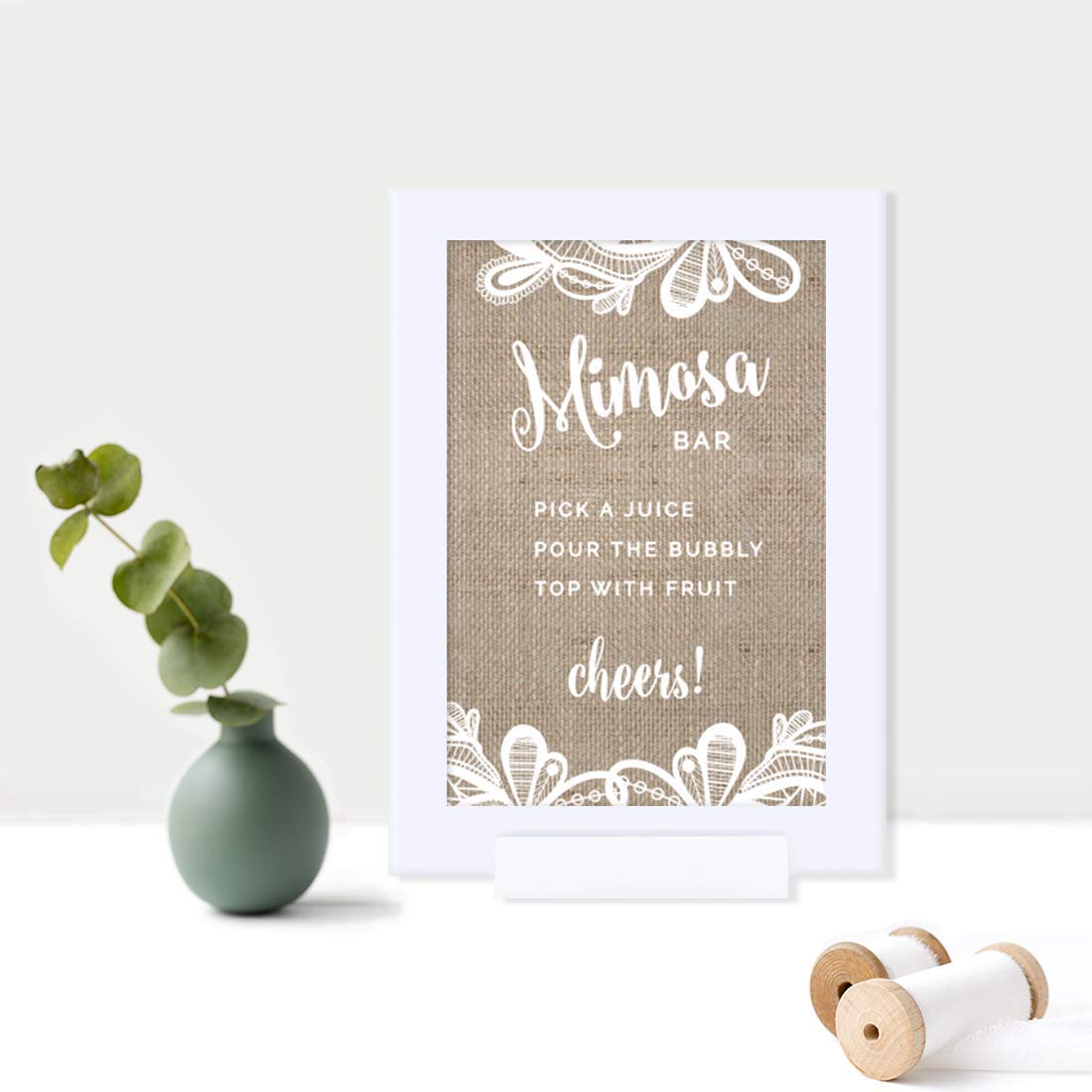 4x6-inch Andaz Press Burlap Lace Print Wedding Sign - Build Your Own Mimosa Bar Sign with 'Pick a Juice, Pour The Bubbly, Top with Fruit Cheers!' - Elegant Framed Dessert Table Decor for Weddings, Bridal Showers & Champagne Parties (1-Pack)